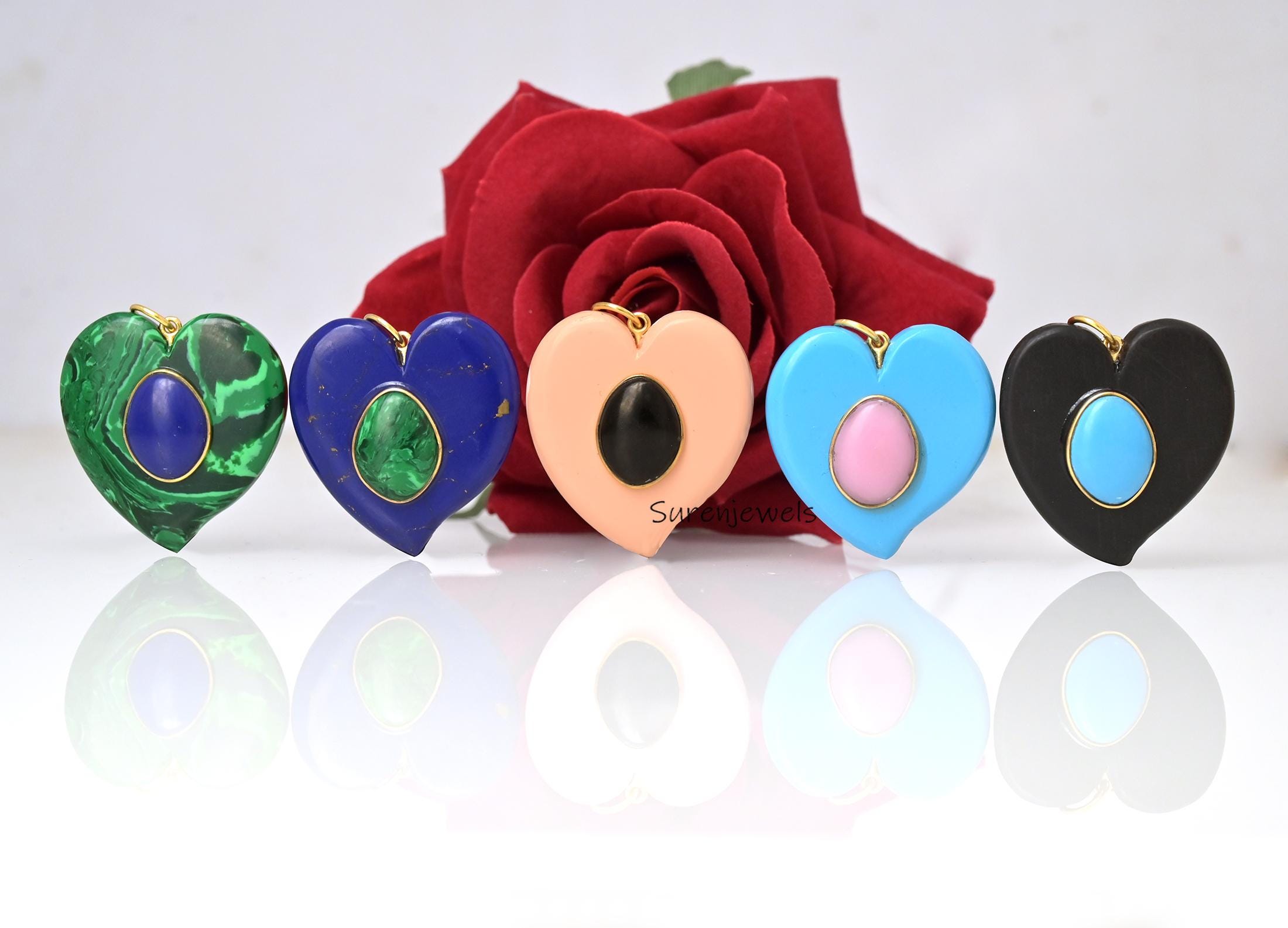 14K Gold Gemstone Heart Pendant, Double Gemstone Heart Charm, Designer Heart Pendant, Handmade Malachite Heart Charm, Carved