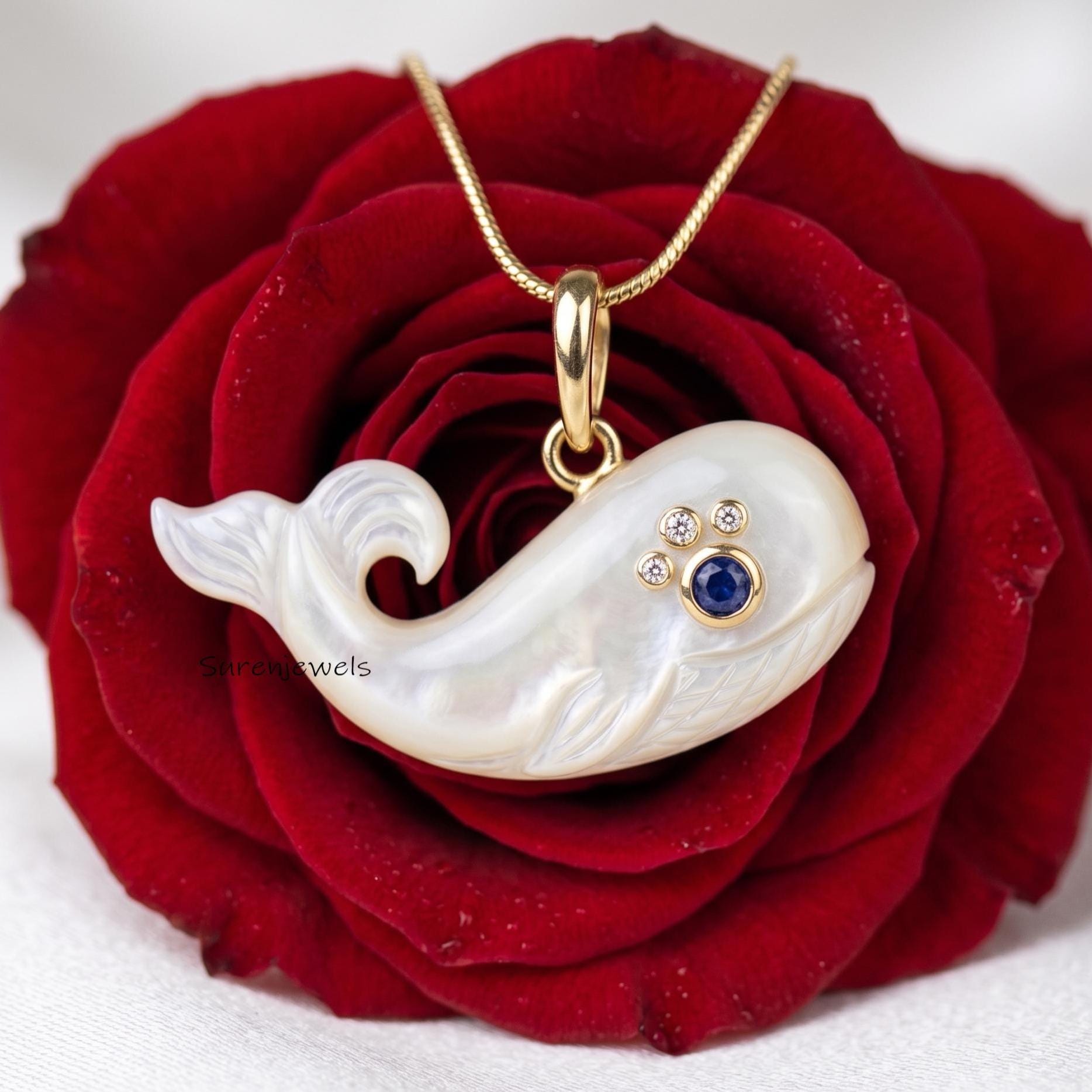 14K Gold Gemstone Whale Pendant, Ocean Jewelry, Nautical Necklace Charm, Sea Life Gift, Marine Animal Jewelry, Ocean-Themed C