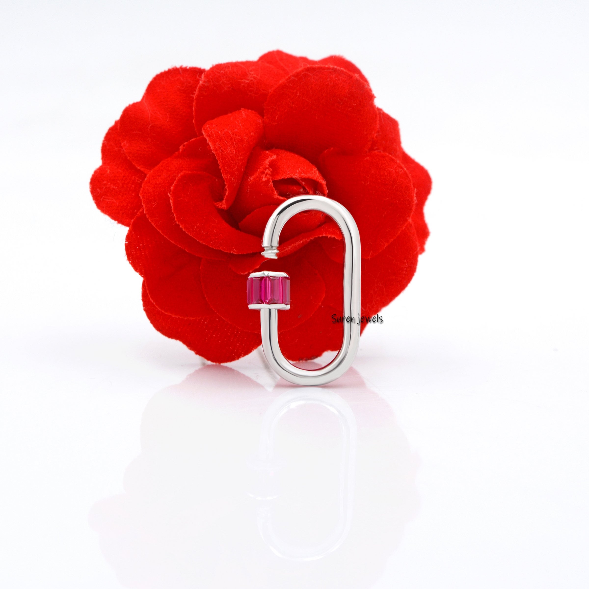 925 Silver Carabiner Lock with Pink Sapphire Baguettes - View 5 - Suren Jewels | SKU: SJC22-SLYGBTTCZP-16M-925