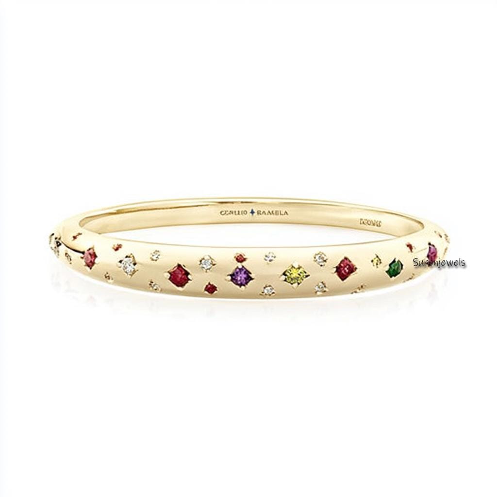 14k Gold Multi Gemstone Hinged Bangle: Dainty Sapphire Bracelet - Suren Jewels | SKU: SJB311-SLYGMG-6.5I