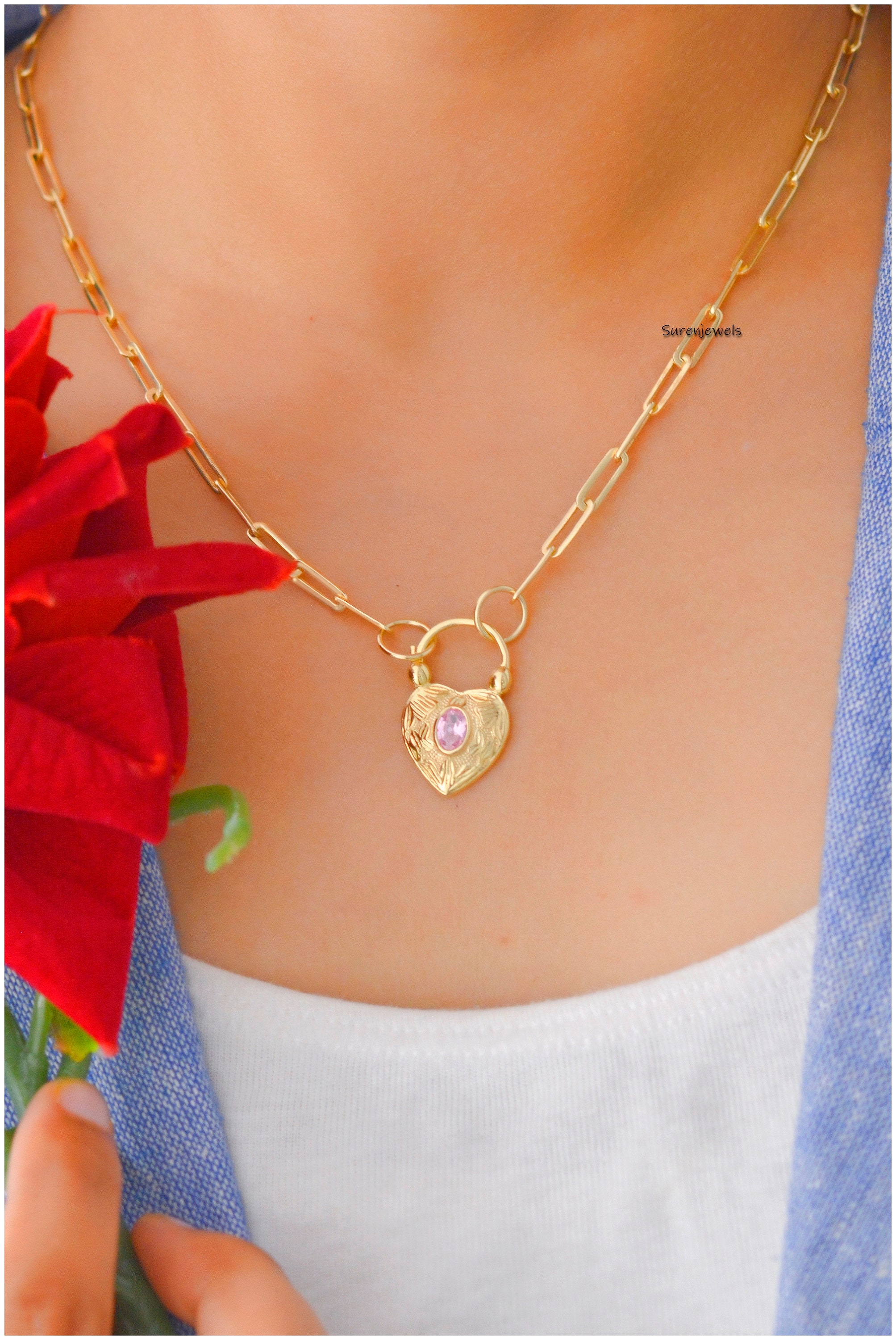 14k Gold Turquoise Heart Padlock: Dainty Gemstone Pendant - View 2 - Suren Jewels | SKU: SJP92-14KYGTQ-N47-18I