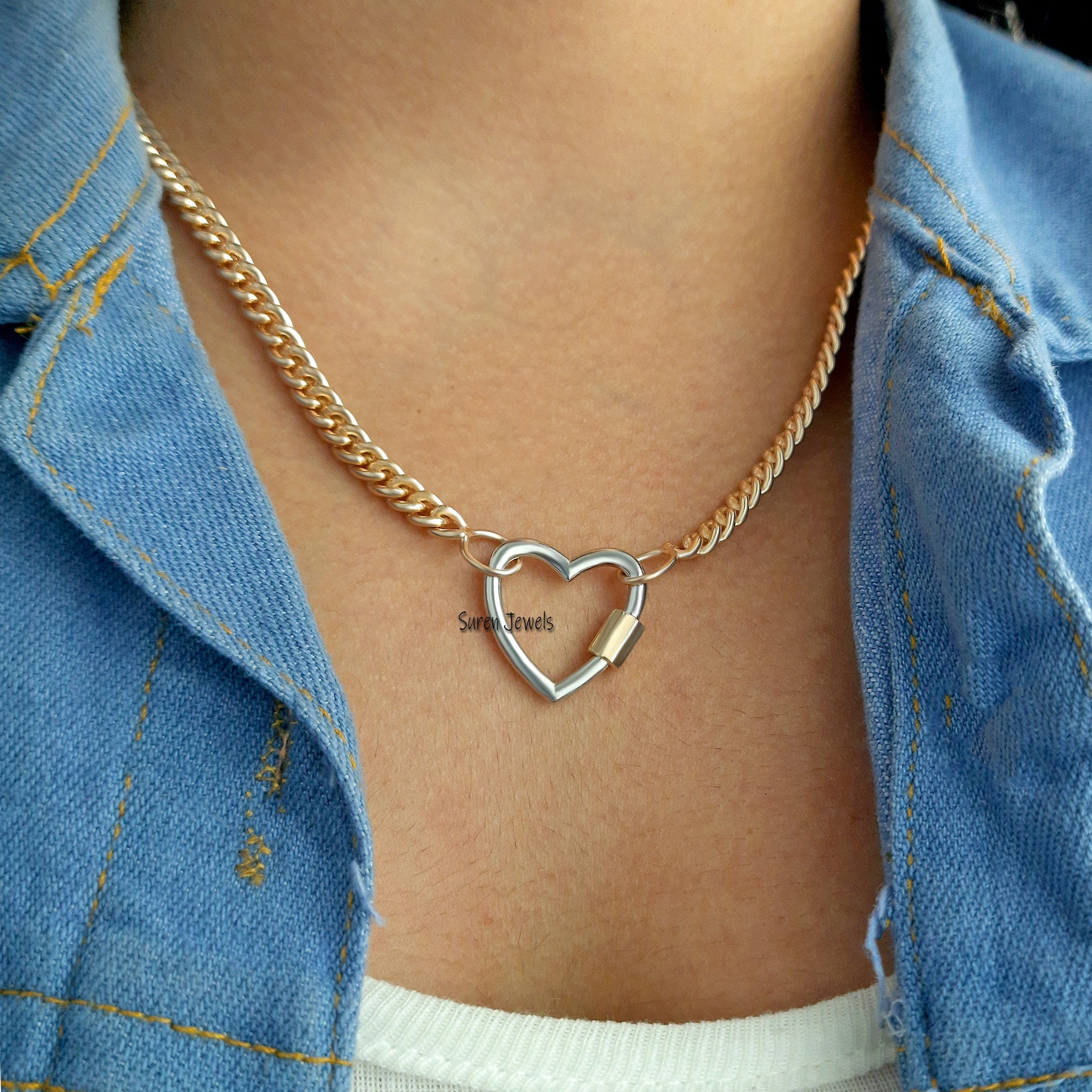 14K Gold Plated Heart Carabiner Lock: Silver Screw Jewelry Connector - View 5 - Suren Jewels | SKU: SJC27-SLNSYG-20M-N22