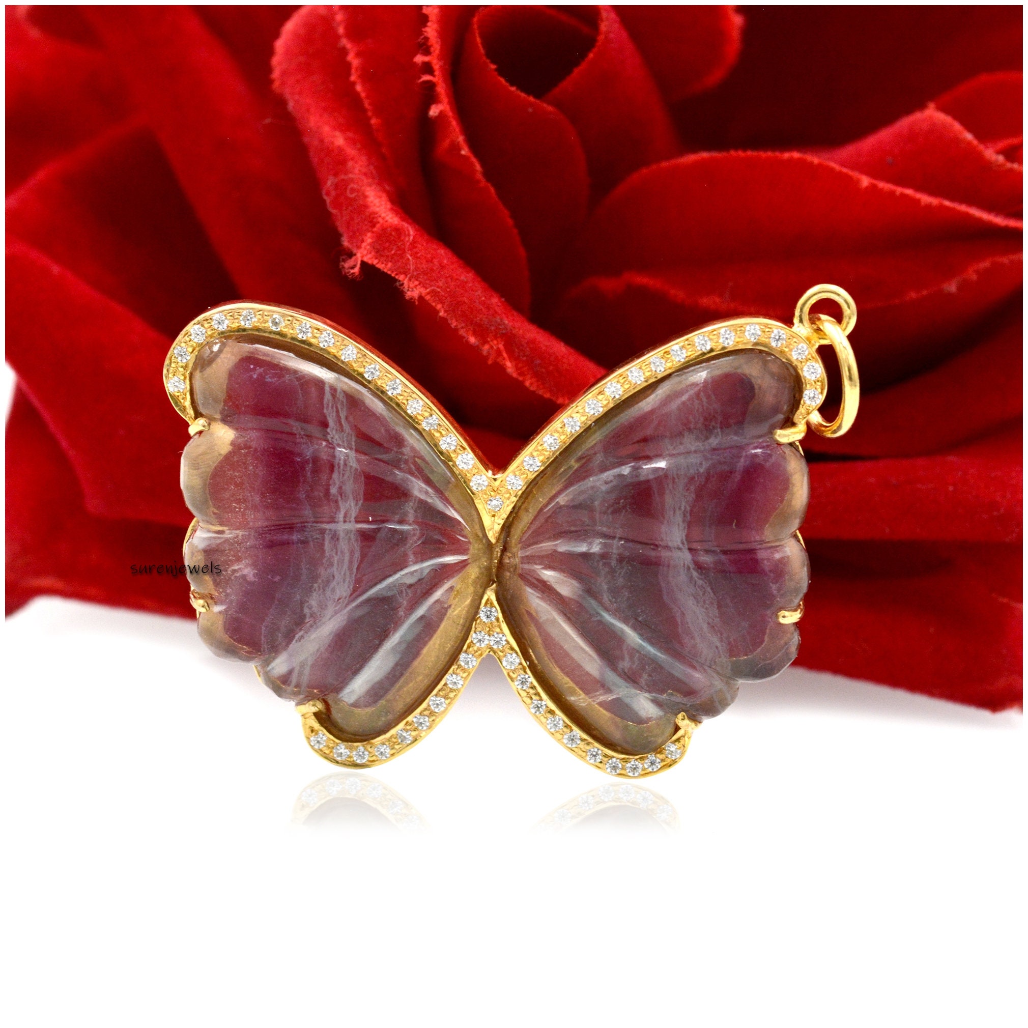 14k Gold Gemstone Butterfly Pendant: Pave Moissanite Accent - View 2 - Suren Jewels | SKU: SJP1456-SLYGTLMN