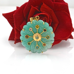Hand Carving Flower Pendant, 14K Gold Gemstone Unique Flower Pendant, Summer Flower Pendant, Carved Flower Pendant, Designer Flower Pendant