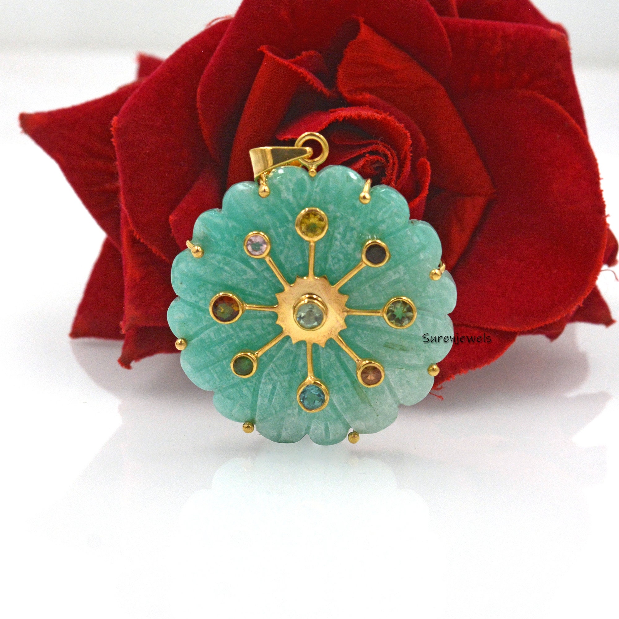 Hand Carved 14K Gold Flower Pendant: Gemstone Accent - Suren Jewels | SKU: SJP1601