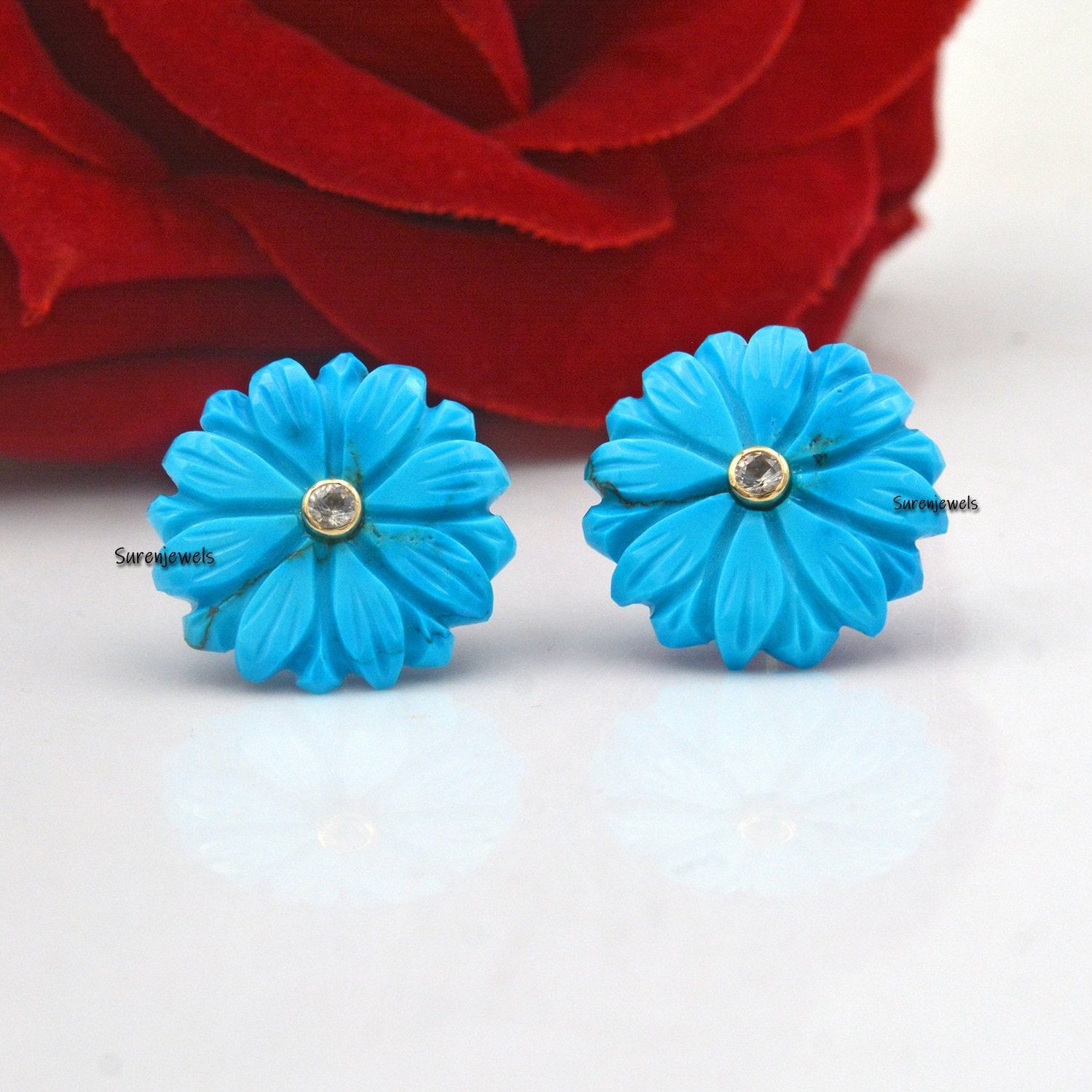 925 Silver Carved Turquoise Flower Studs: Carving Gemstone Earrings - Suren Jewels | SKU: SJE953-9KYGTQWT