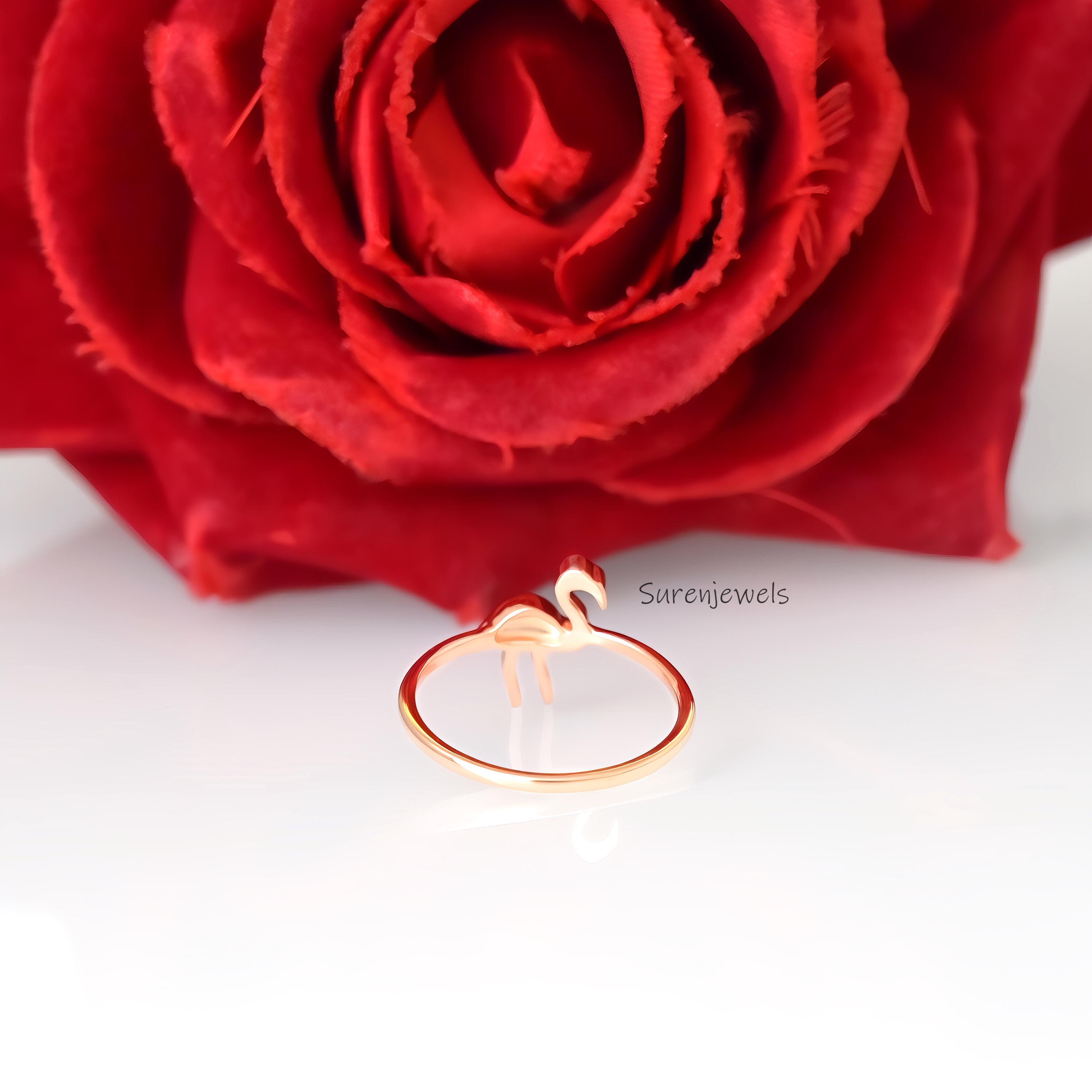 14k Gold Flamingo Ring: Dainty Animal Bird Jewelry - View 6 - Suren Jewels | SKU: SJR2967-SLWG-US-3,SJR2975-SLRG-US-5