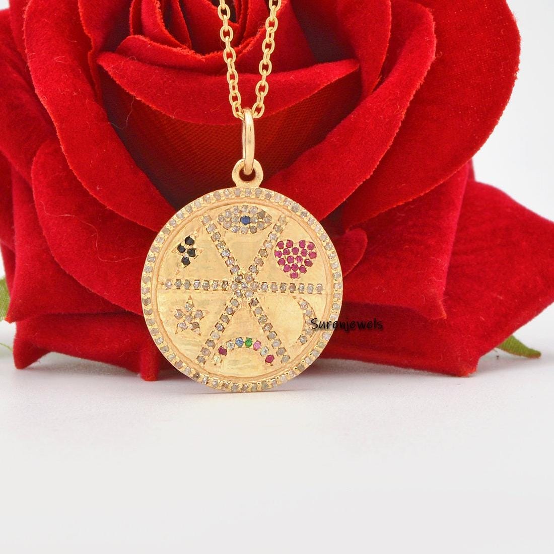 925 Sterling Silver Gemstone Disc Pendant: Diamond Round Charm - Suren Jewels | SKU: SJP42-SLYGDIMT