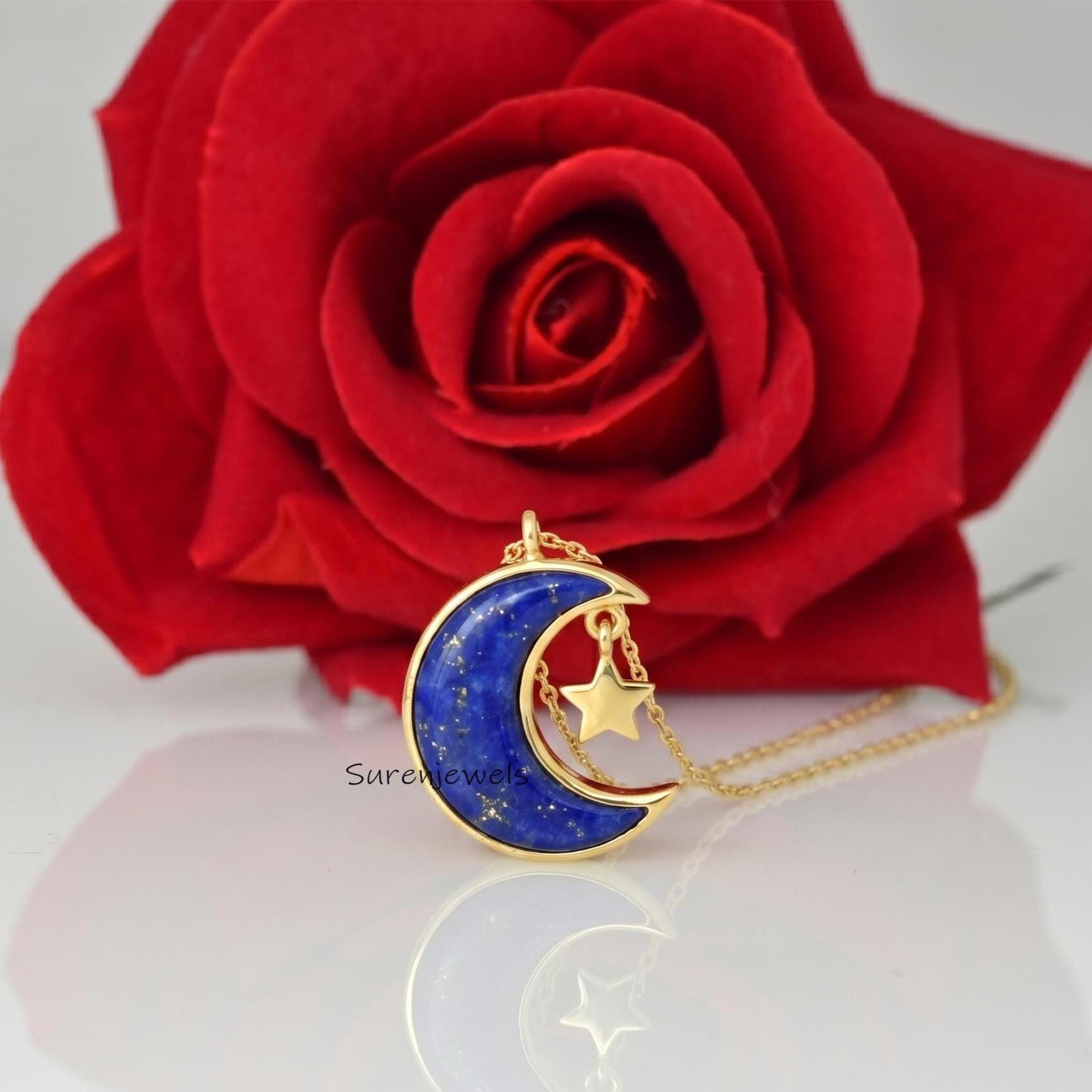 Lapis Lazuli Star Moon Pendant, Gemstone Star Moon Pendant, Moissanite Moon Star Pendant, 925 Silver Moon Star Gemstone Star