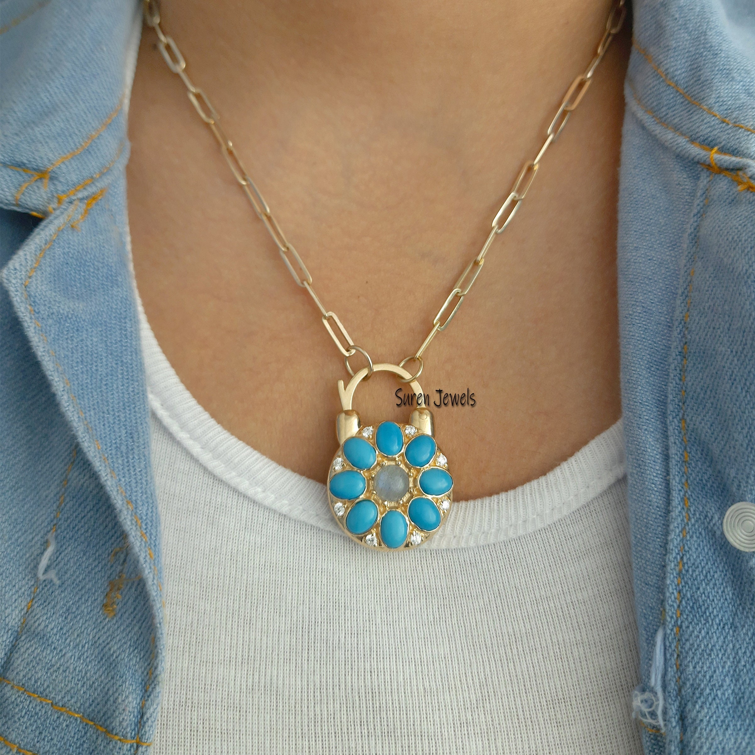 925 Silver Turquoise Floral Padlock: Gemstone Connector Pendant - View 3 - Suren Jewels | SKU: SJP505-SLYGTQLBWT-N74-18I-925