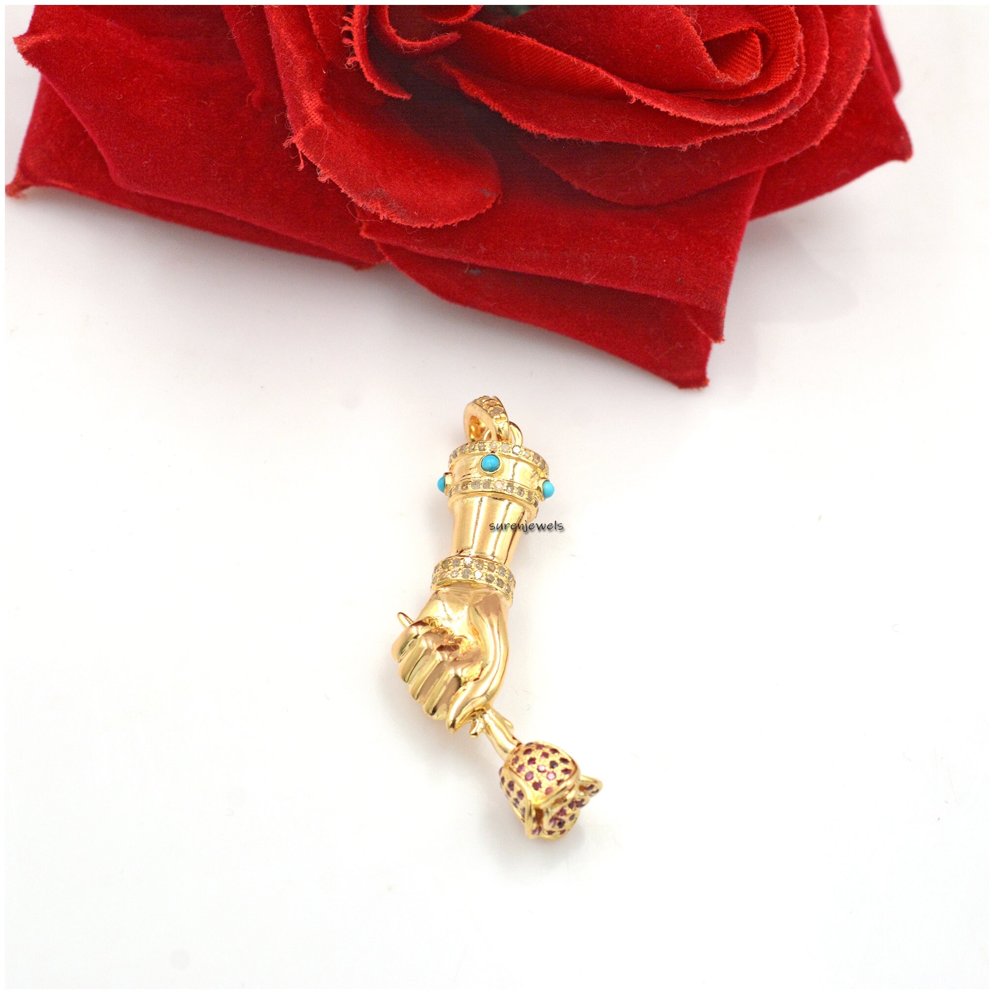 925 Silver Figa Pendant: Diamond, Ruby & Turquoise Gemstone Charm - View 2 - Suren Jewels | SKU: SJP24-SLYGDITQRU-N41-18I