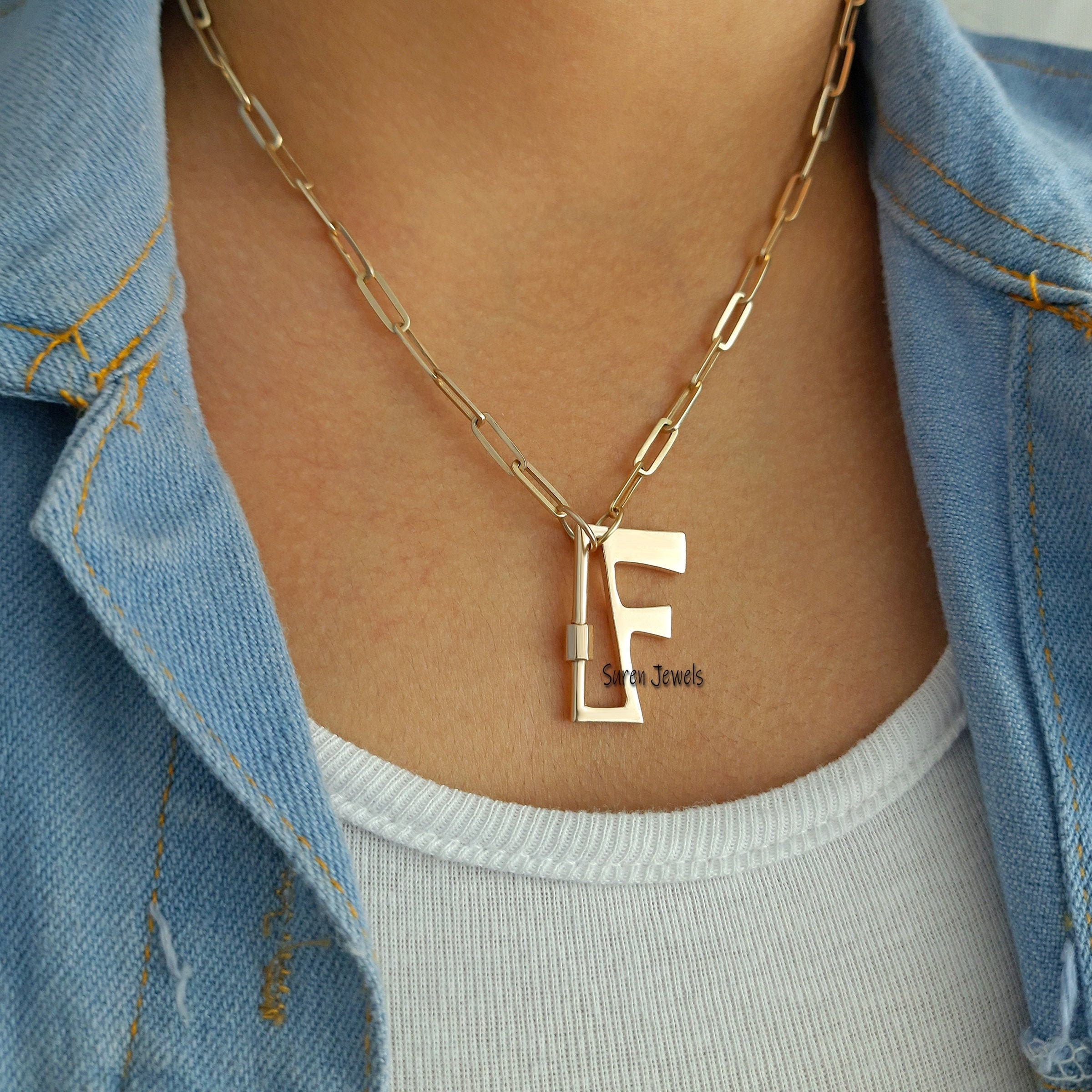 925 Silver Initial Lock Necklace: Personalized Letter Carabiner - View 6 - Suren Jewels | SKU: SJC88-SLYG-F-N47-18I-925
