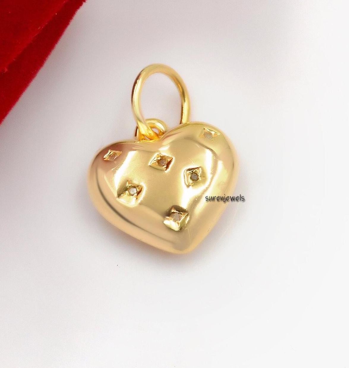 14K Gold Mini Puffy Heart Pendant: Diamond Charm - Suren Jewels | SKU: SJP1294