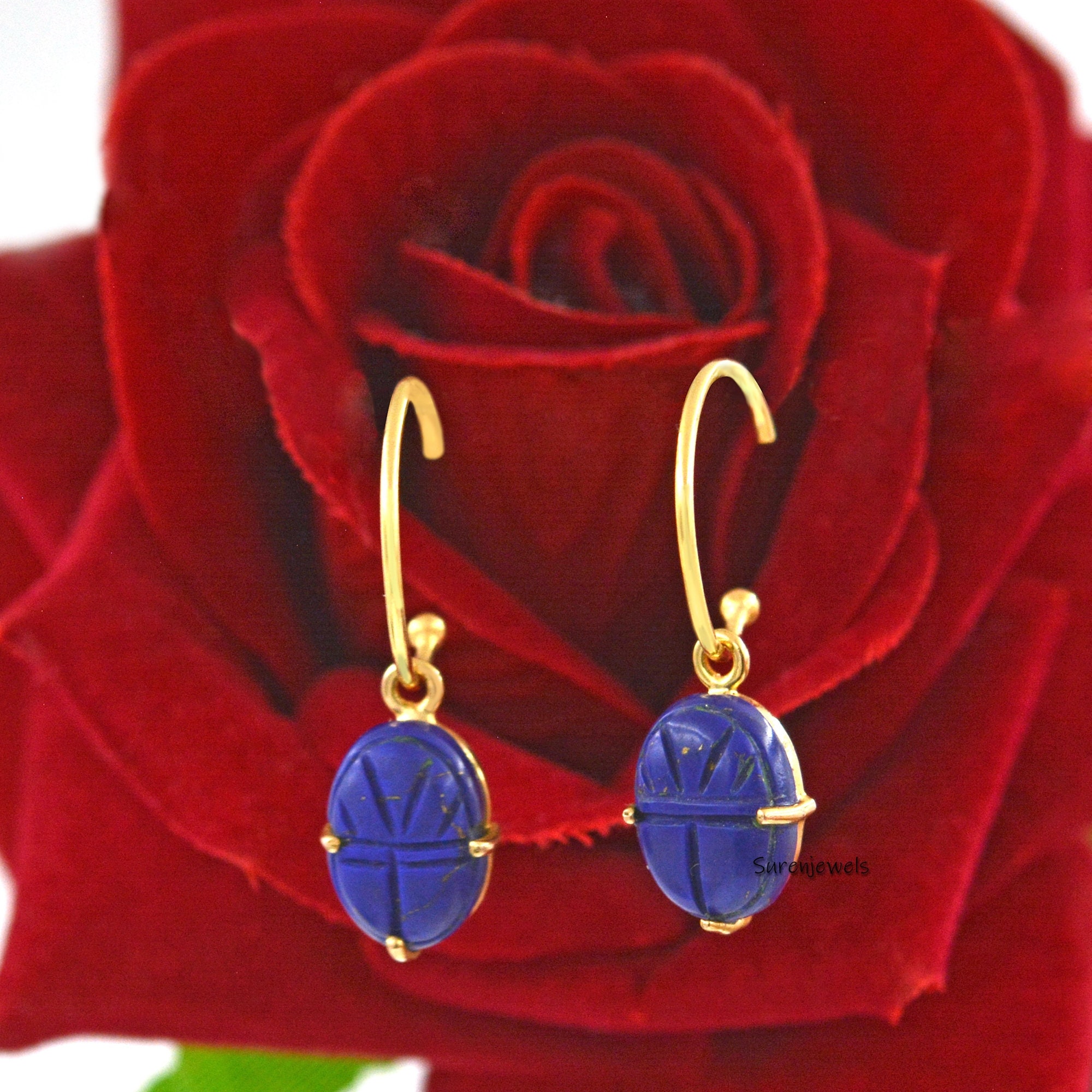 14K Gold Scarab Earrings: Hand Carved Amulet, Gemstone Jewelry - View 3 - Suren Jewels | SKU: SJE1055