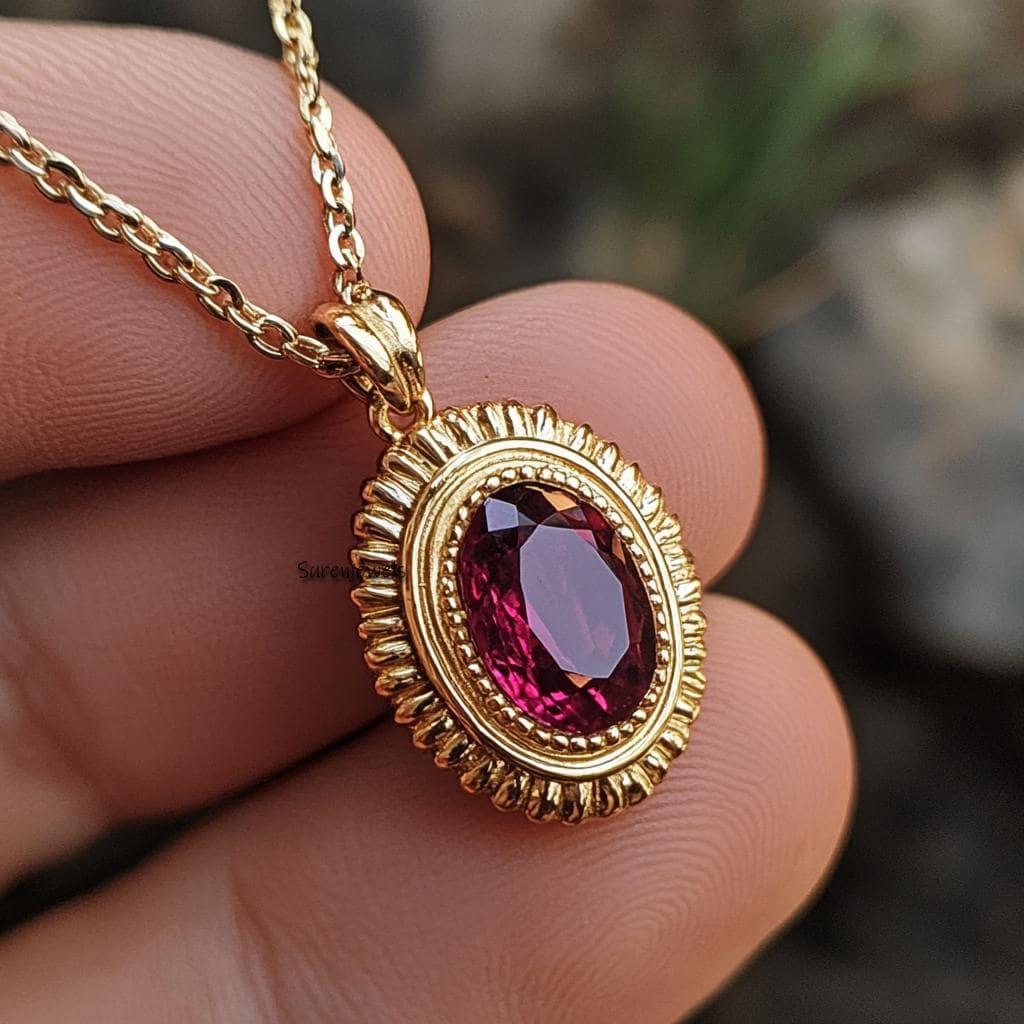 14k Gold Gemstone Oval Pendant: Handmade Designer Jewelry - View 2 - Suren Jewels | SKU: SJP4972-SLYGRUCZ-15M