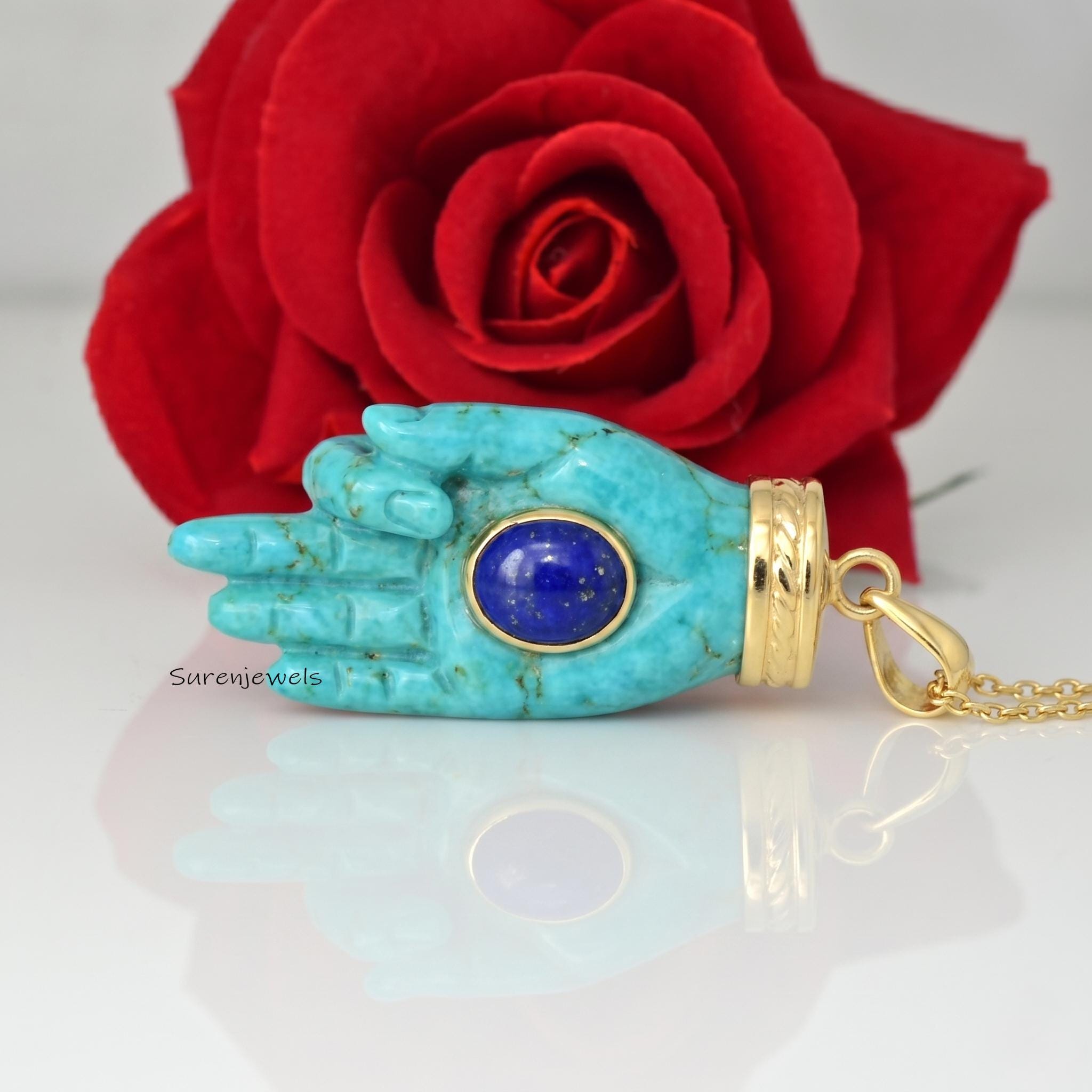 14k Gold hand Carved Gemstone Figa Hand Pendant, Gemstone Figa Pendant, Coral Figa Hand Pendant - View 3 - Suren Jewels | SKU