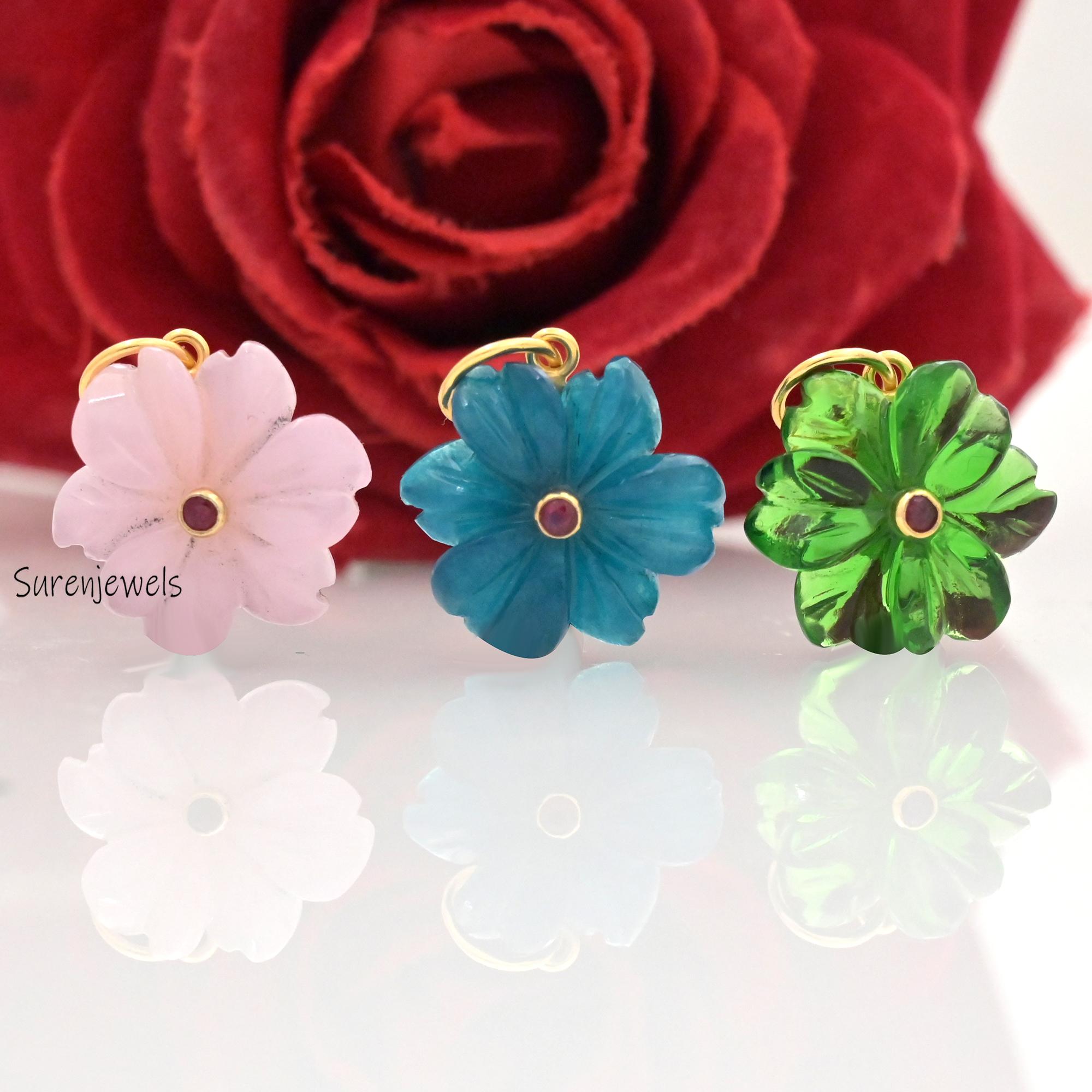 Hand Carved Gemstone Flower Pendant: Handmade Designer Charm - View 2 - Suren Jewels | SKU: SJP4581-SLYGGQRUCZ-30M