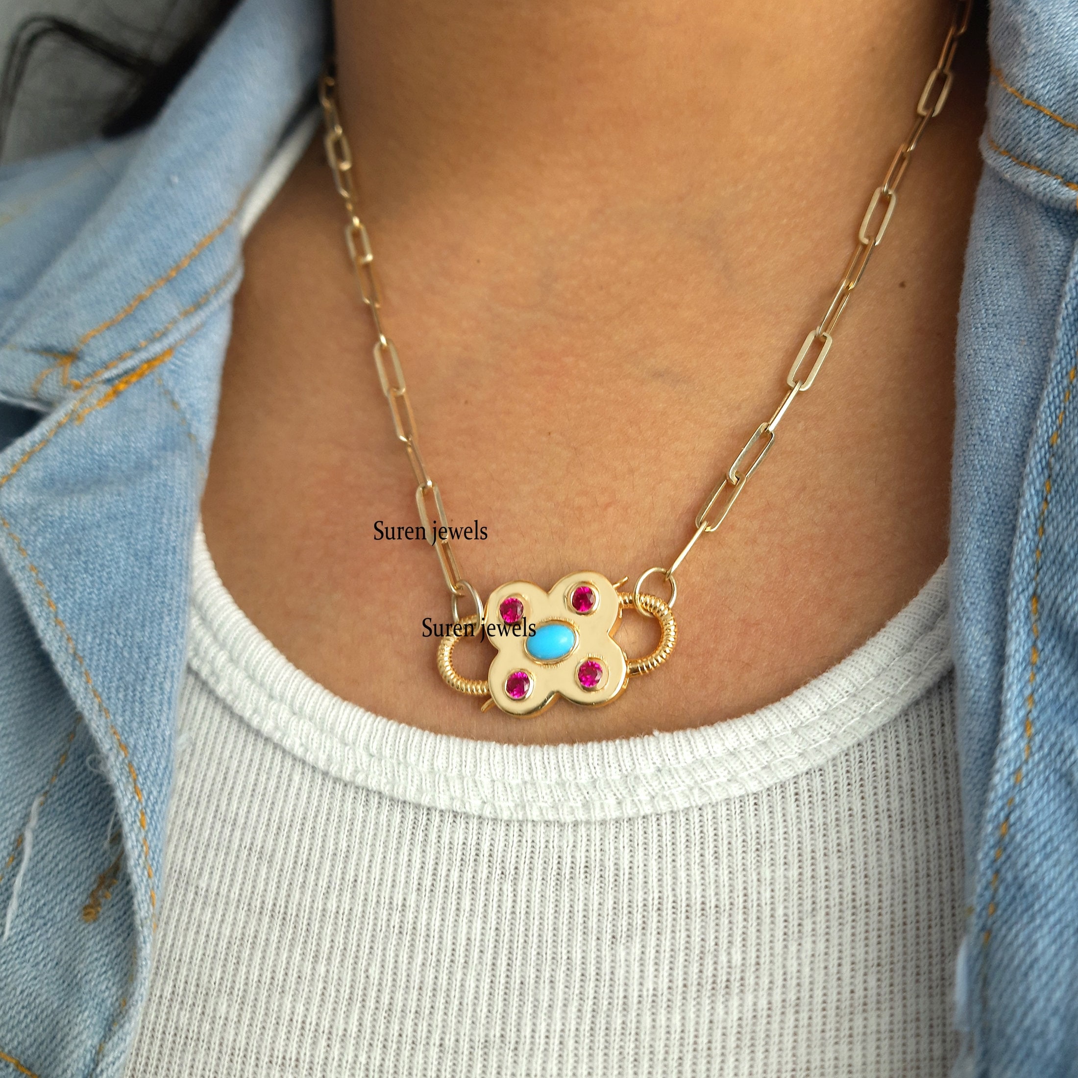 Handmade 14k Gold Plated Turquoise Padlock Pendant: Openable Jewelry - View 3 - Suren Jewels | SKU: SJP65-SLYGTQPO-N47-18I-92