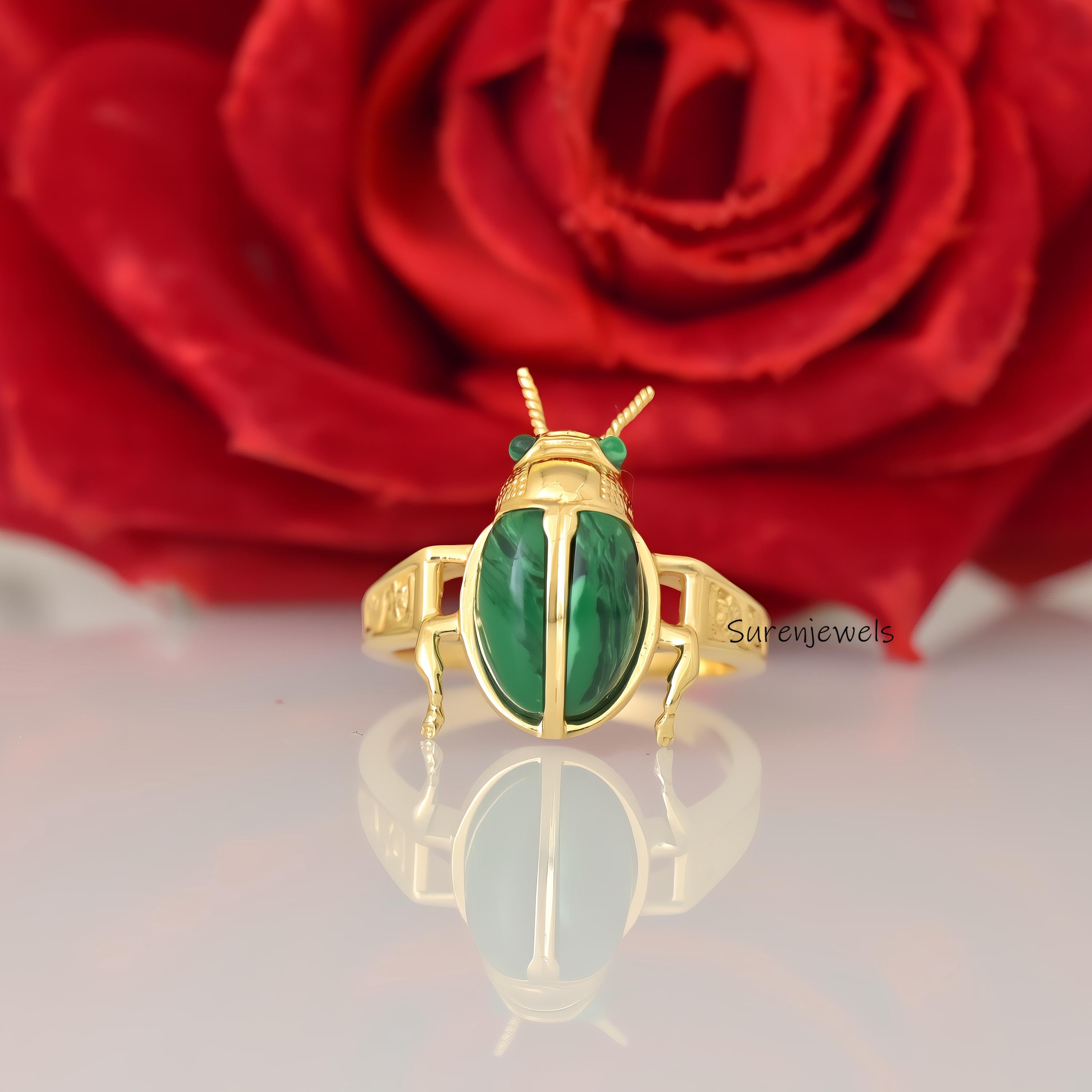 14k Gold Malachite Scarab Ring: Hand Carved Animal Ring - View 6 - Suren Jewels | SKU: SJR2927-SLYGMKBKCZ-US-8,SJR2865-SLNSMS