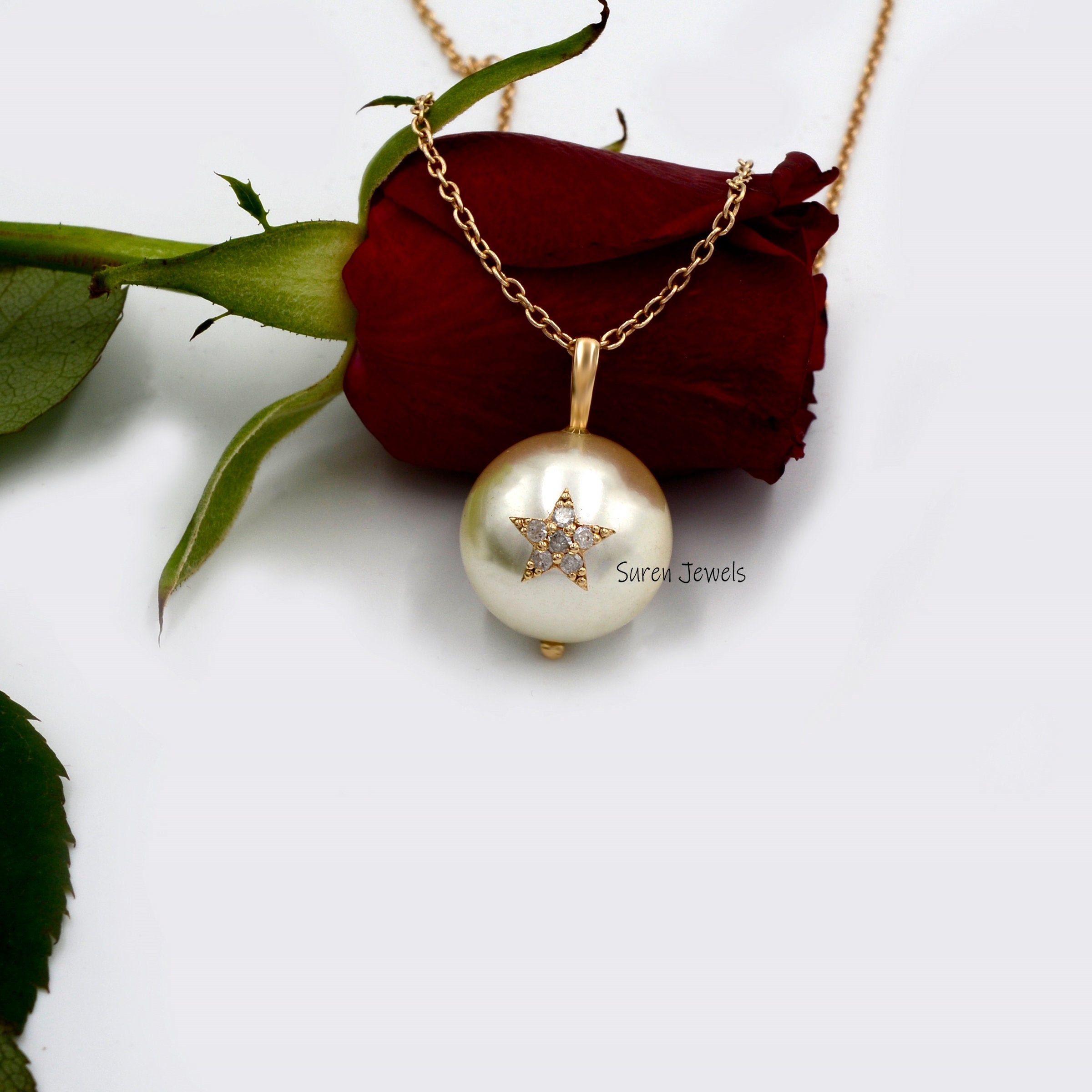 14K Gold Gemstone Star Ball Pendant: Handmade Carved Pearl & Diamond - View 4 - Suren Jewels | SKU: SJP741-SUREN14K