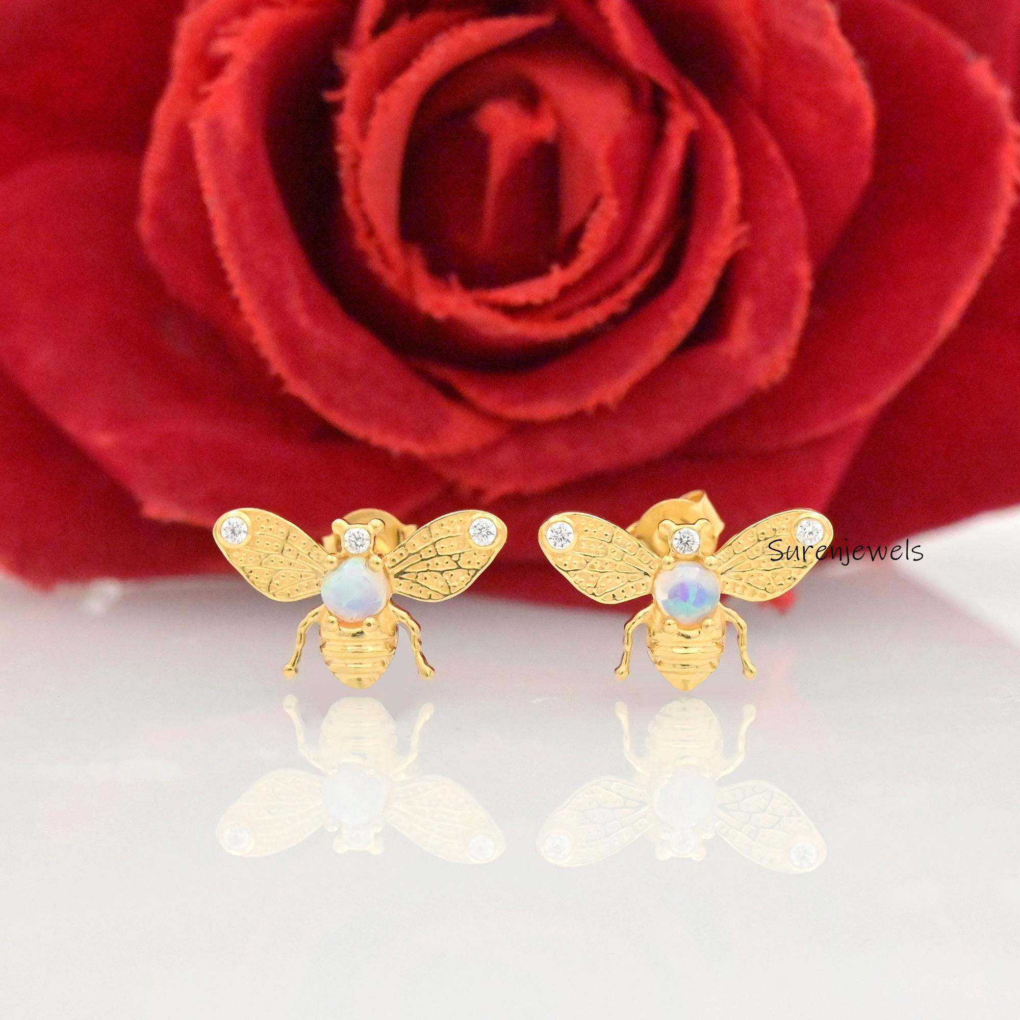 14K Gold Honey Bee Stud Earrings: Gemstone Bumble Bee Jewelry - View 5 - Suren Jewels | SKU: SJE1795-SLRGTE-12M,SJE1775-SLYGE