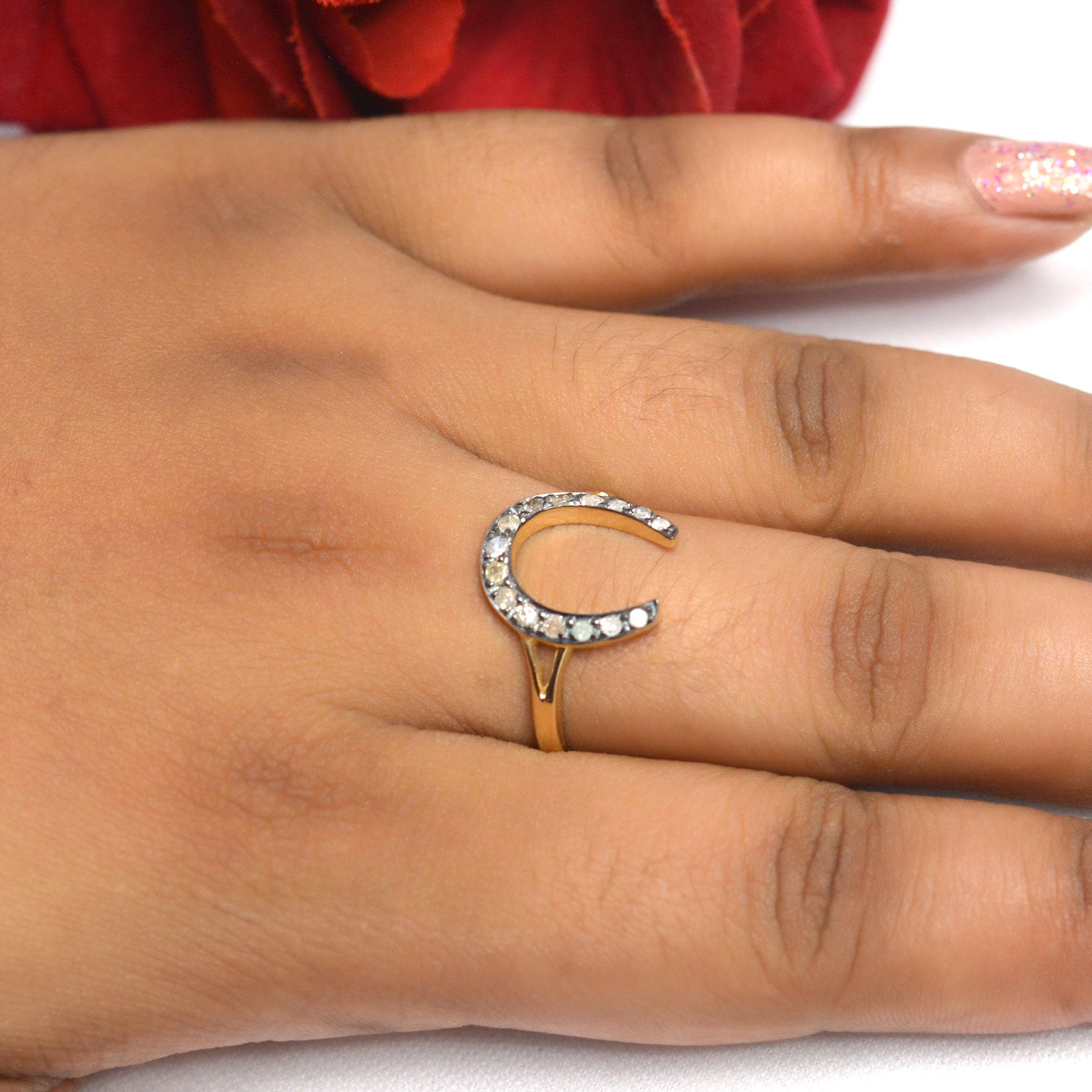 14k Gold Horseshoe Ring with Moissanite Diamond - View 5 - Suren Jewels | SKU: SJR1084-9KYGRHDI-US-8