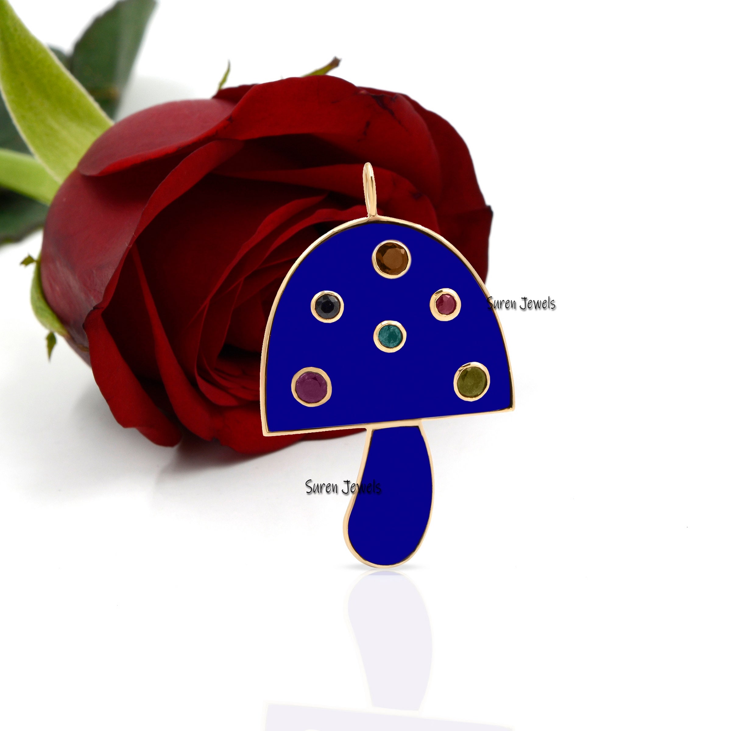 14k Gold Enamel Mushroom Pendant: Gemstone Charm (35x20 mm) - View 2 - Suren Jewels | SKU: SJM30