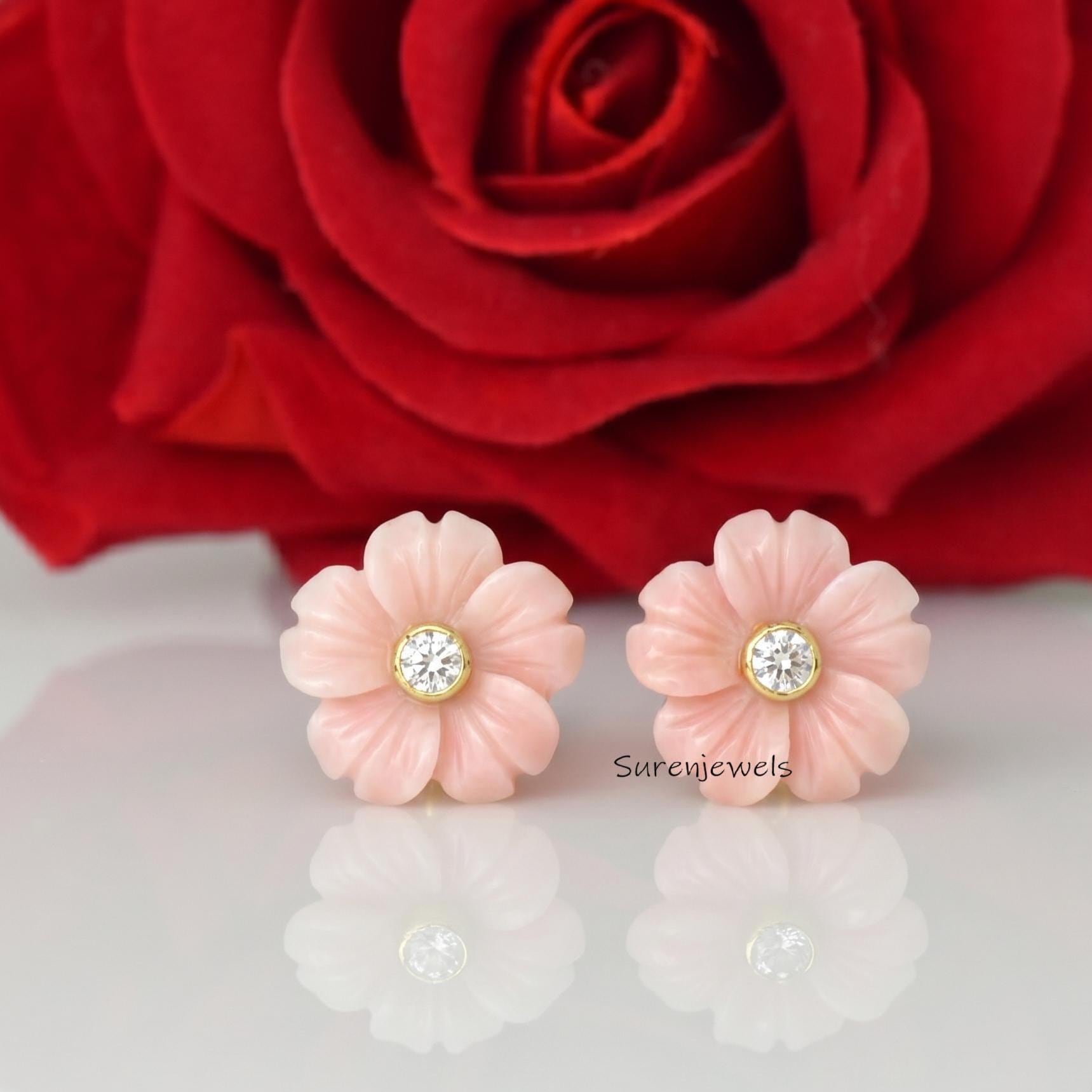 925 Silver Gemstone Flower Studs, Designer Carved Flower Studs Earrings, Turquoise Flower Studs, Handmade Flower Studs, Weddi