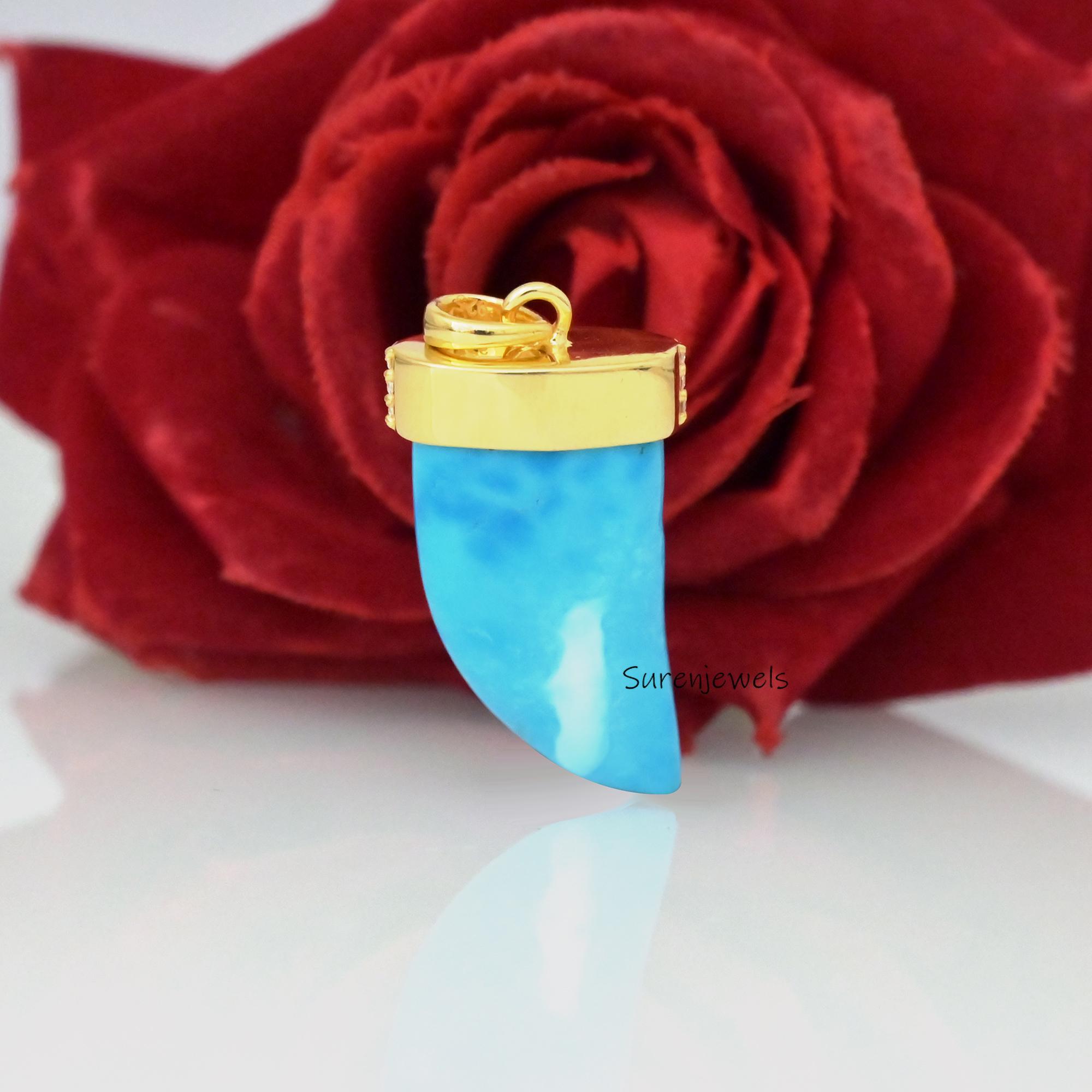 14K Gold Gemstone Horn Pendant: Tibetan Buffalo Horn, Turquoise & CZ - View 7 - Suren Jewels | SKU: SJP4776-SLYGTQCZ-40M