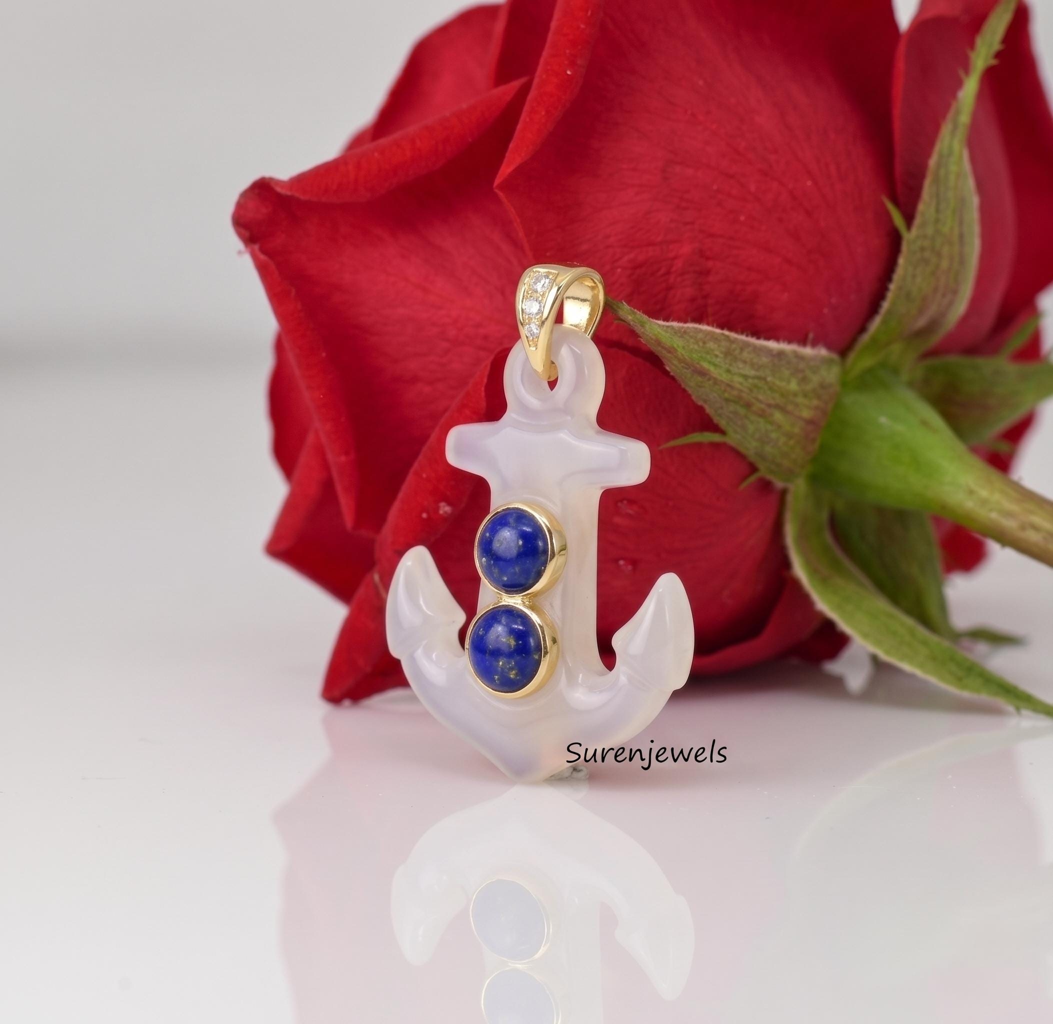 Carved Gemstone Anchor Pendant, handmade Gemstone Anchor Pendant, Designer Carved Anchor Jewelry - View 3 - Suren Jewels | SK