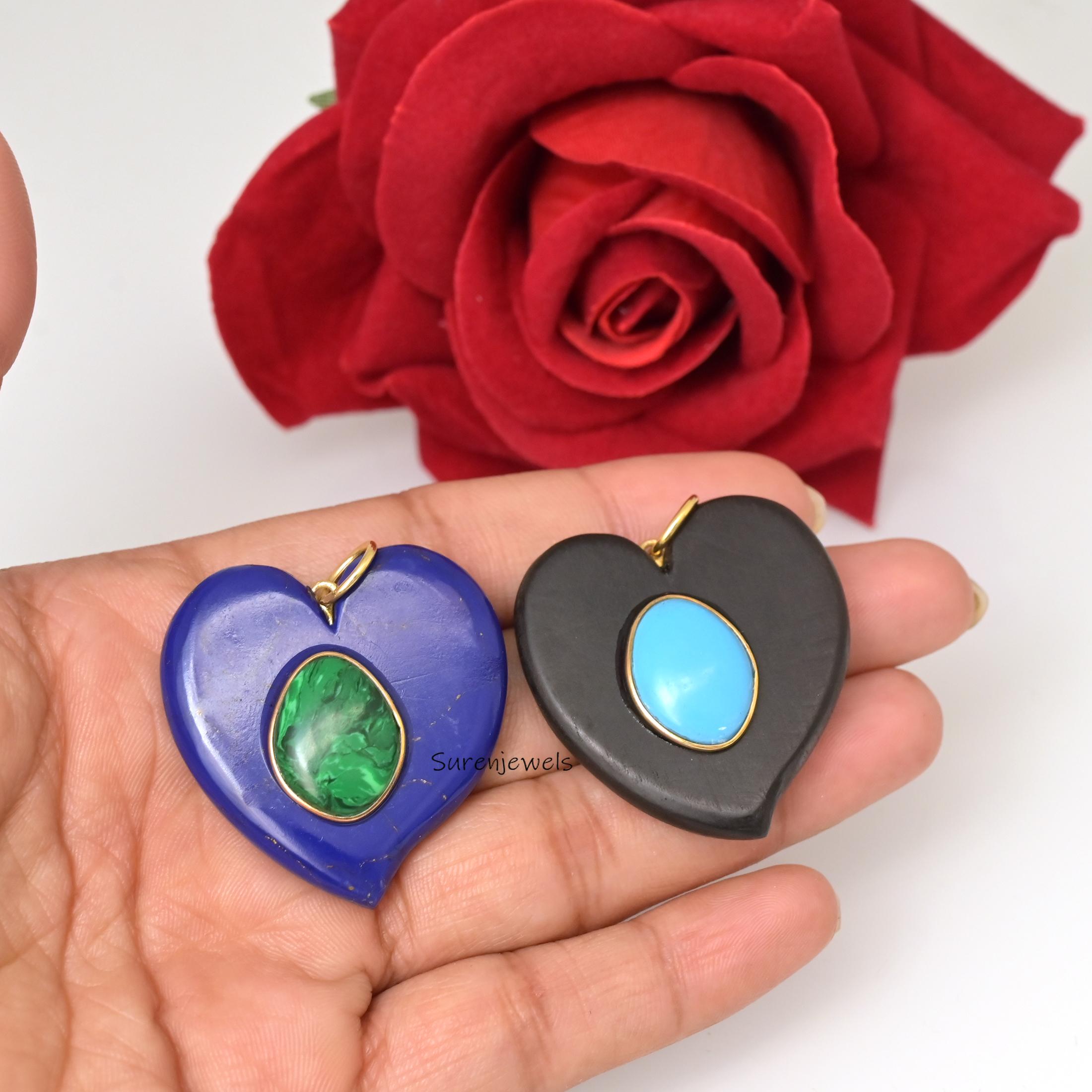 14K Gold Gemstone Heart Pendant, Double Gemstone Heart Charm, Designer Heart Pendant, Handmade Malachite Heart Charm, Carved
