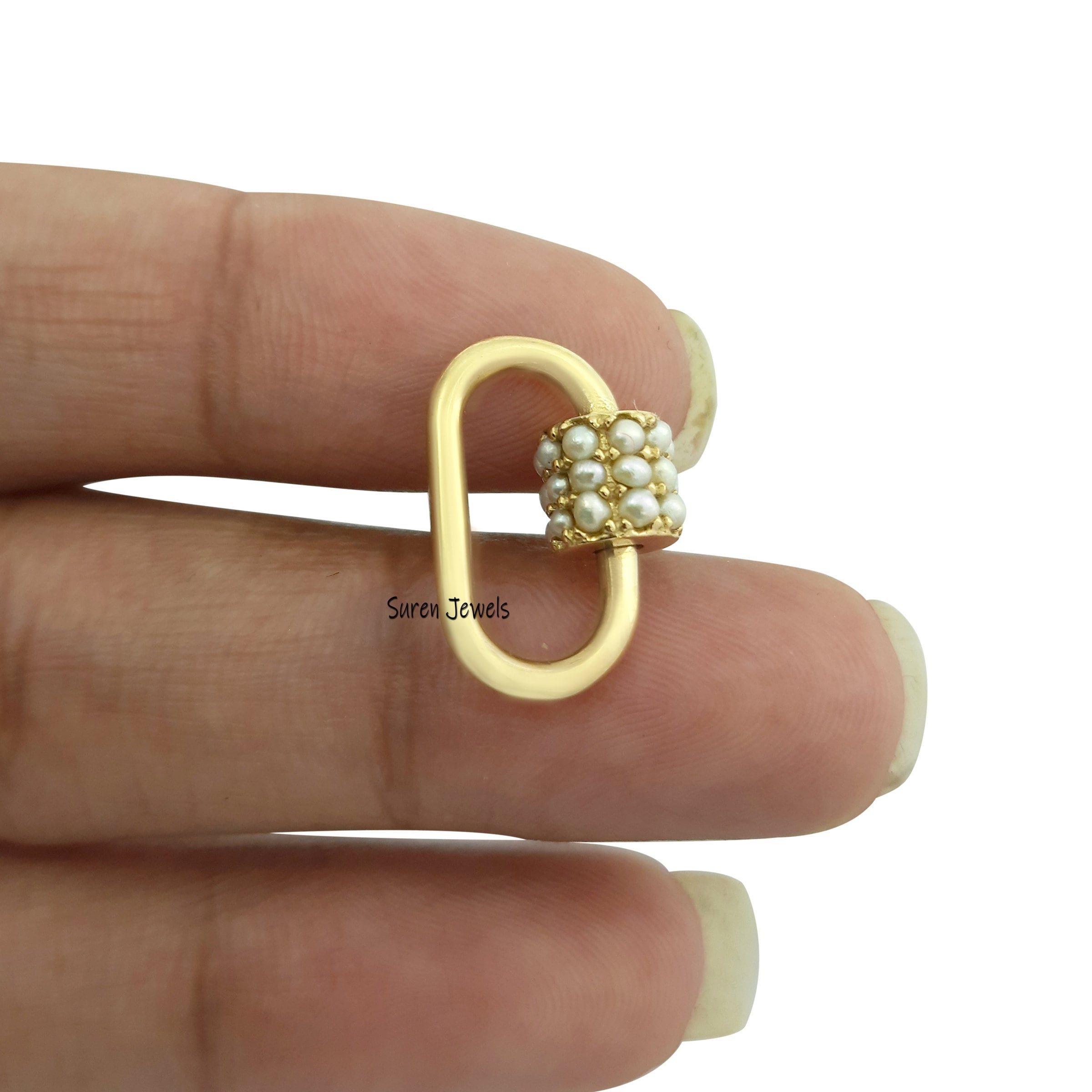 14k Gold Pearl Carabiner Lock: Gemstone Pendant Jewelry (18*9 MM) - View 5 - Suren Jewels | SKU: SJC09-14KYGPL