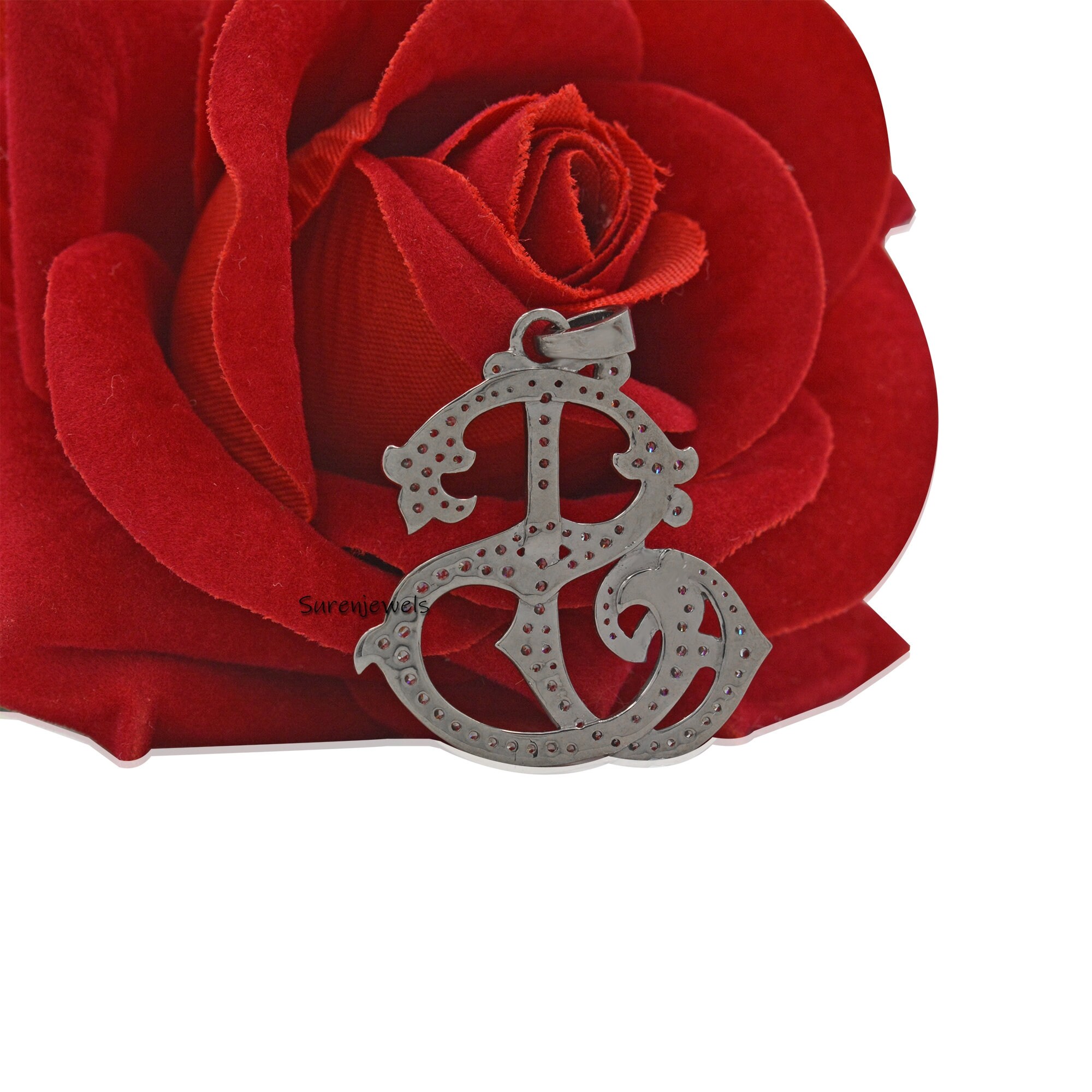 Sterling Silver Custom Monogram Pendant: CZ Initial Charm - View 4 - Suren Jewels | SKU: SJP540-SLYGDI-SJ
