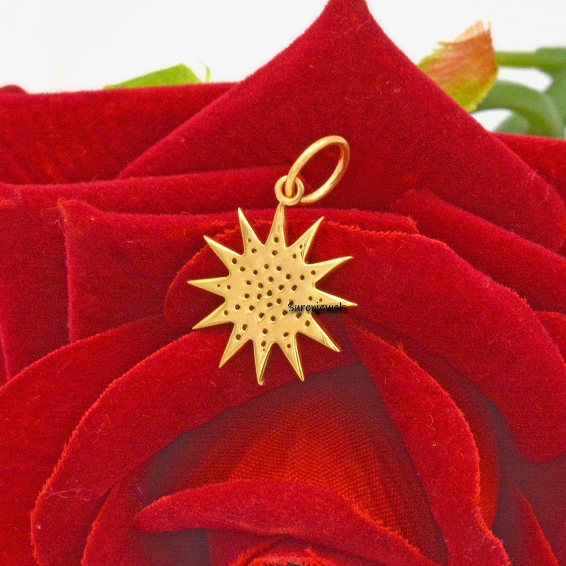 14K Gold Starburst Diamond Pendant - 20mm Gemstone Charm - View 2 - Suren Jewels | SKU: SJP531-SLYGDI-20M