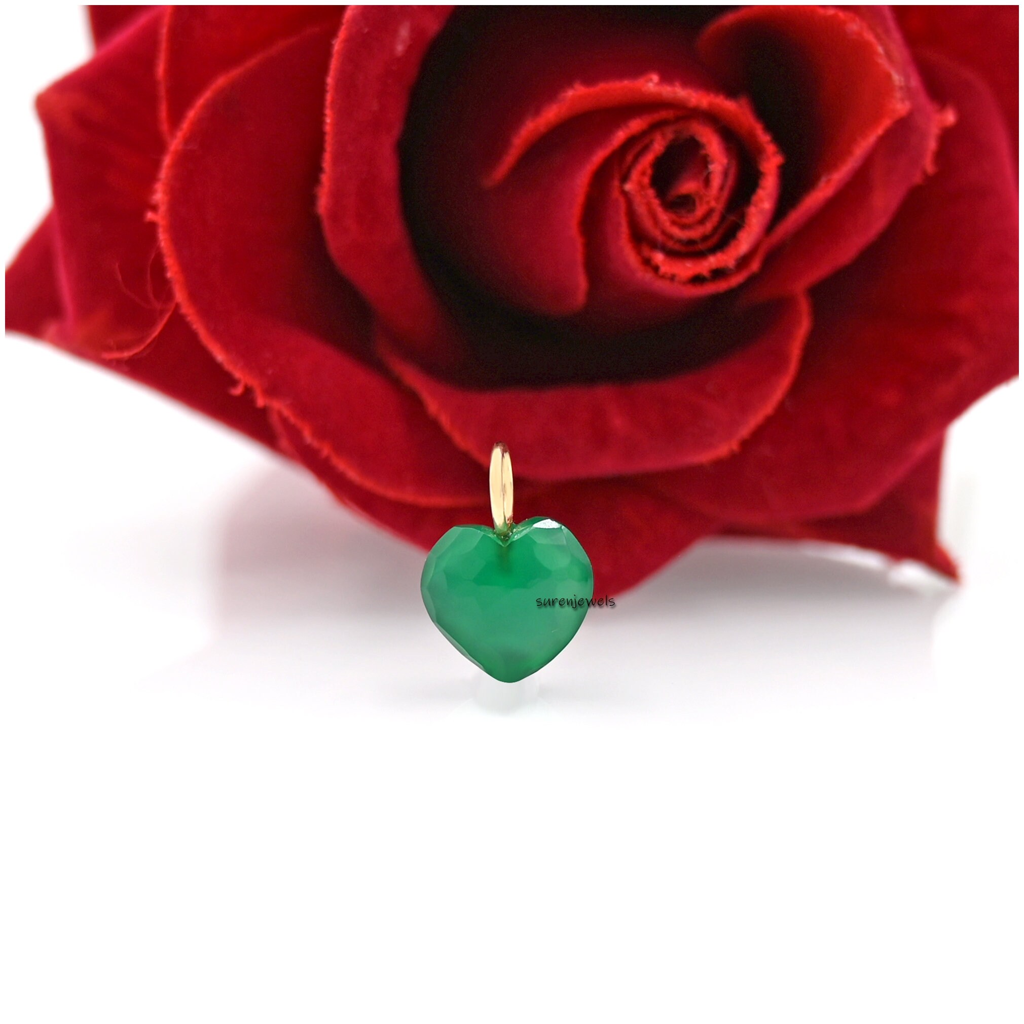 14K Gold Gemstone Heart Charm: Turquoise, Malachite, Designer Pendant - View 6 - Suren Jewels | SKU: SJP1169-SLYGTQ