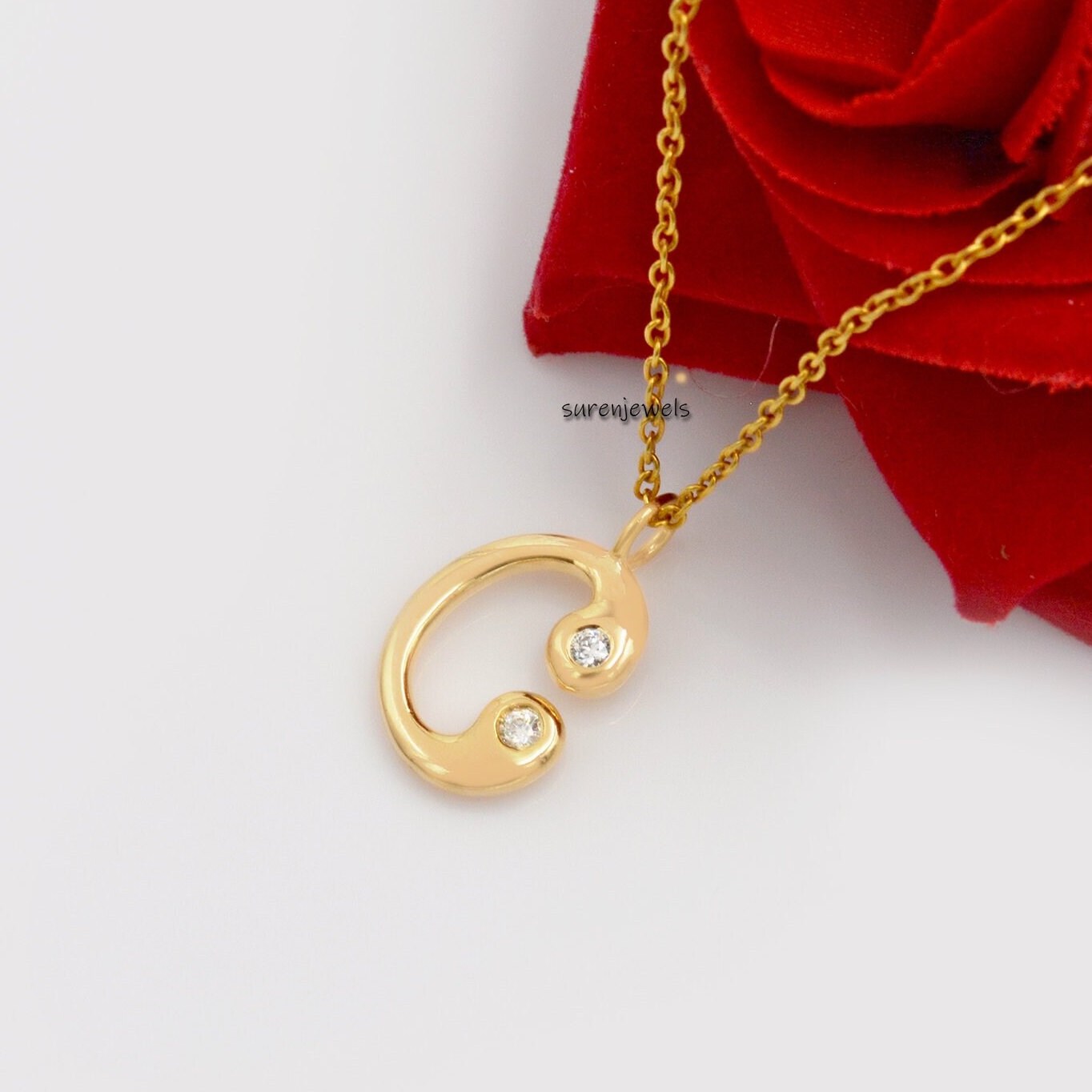 14k Gold Bubble Letter Pendant: White Topaz Initial Charm - View 4 - Suren Jewels | SKU: SJP1094-SLYGCZ-K