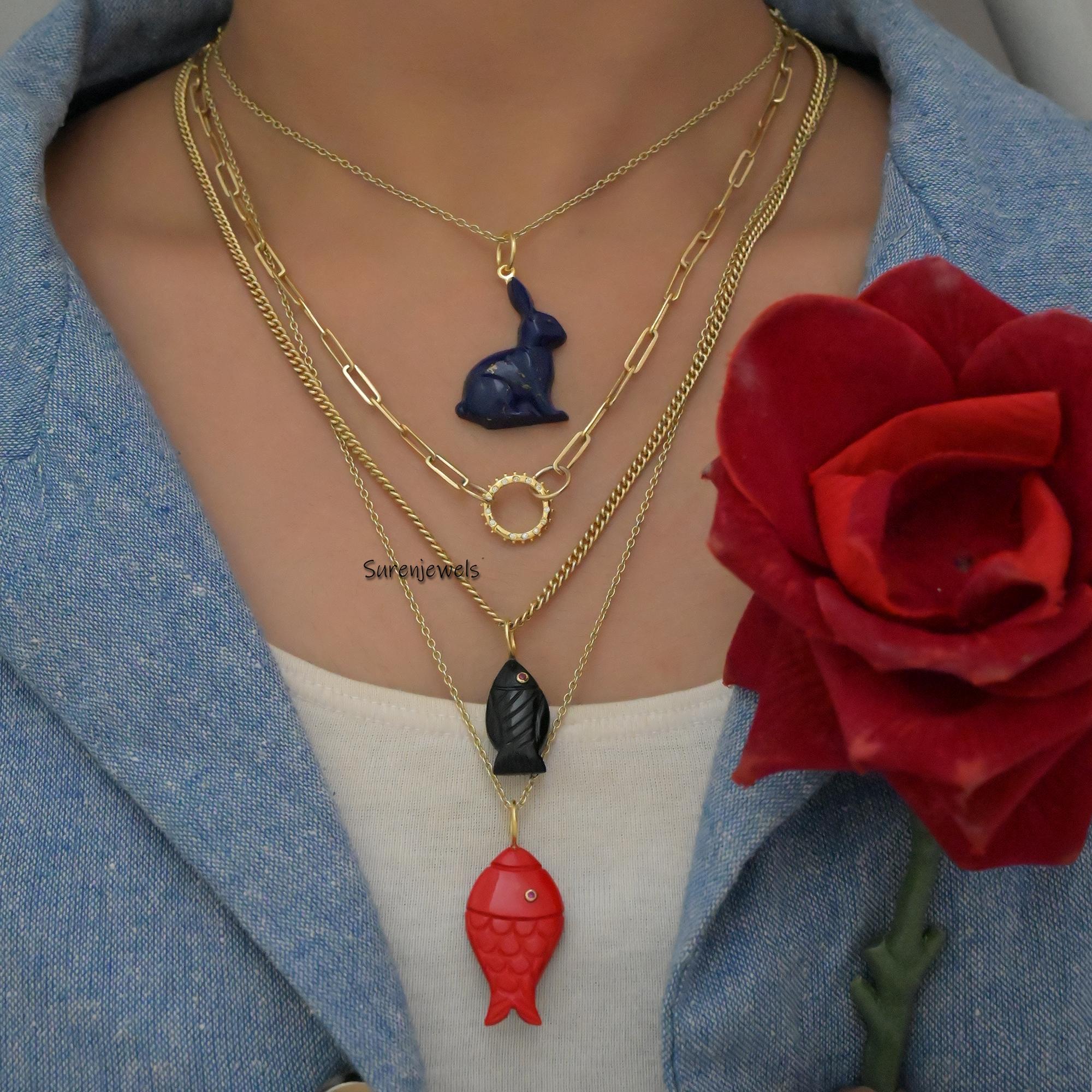 14k Gold Carved Gemstone Fish Pendant: Lucky Charm with Pink CZ Eyes - View 3 - Suren Jewels | SKU: SJP3411-SLYGBORUCZ-35M,SJ