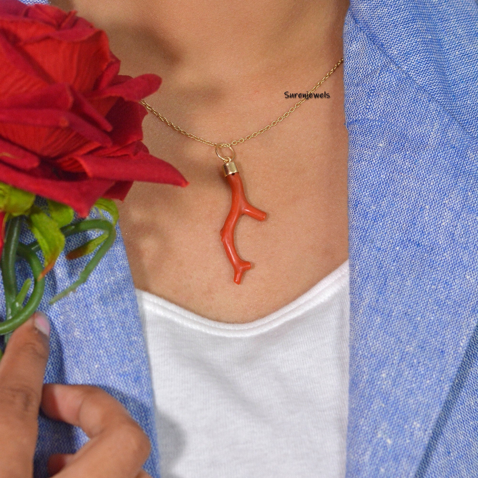 14k Gold Mediterranean Red Coral Branch Pendant, Natural Gemstone - Suren Jewels | SKU: SJP1116-SLNSCR