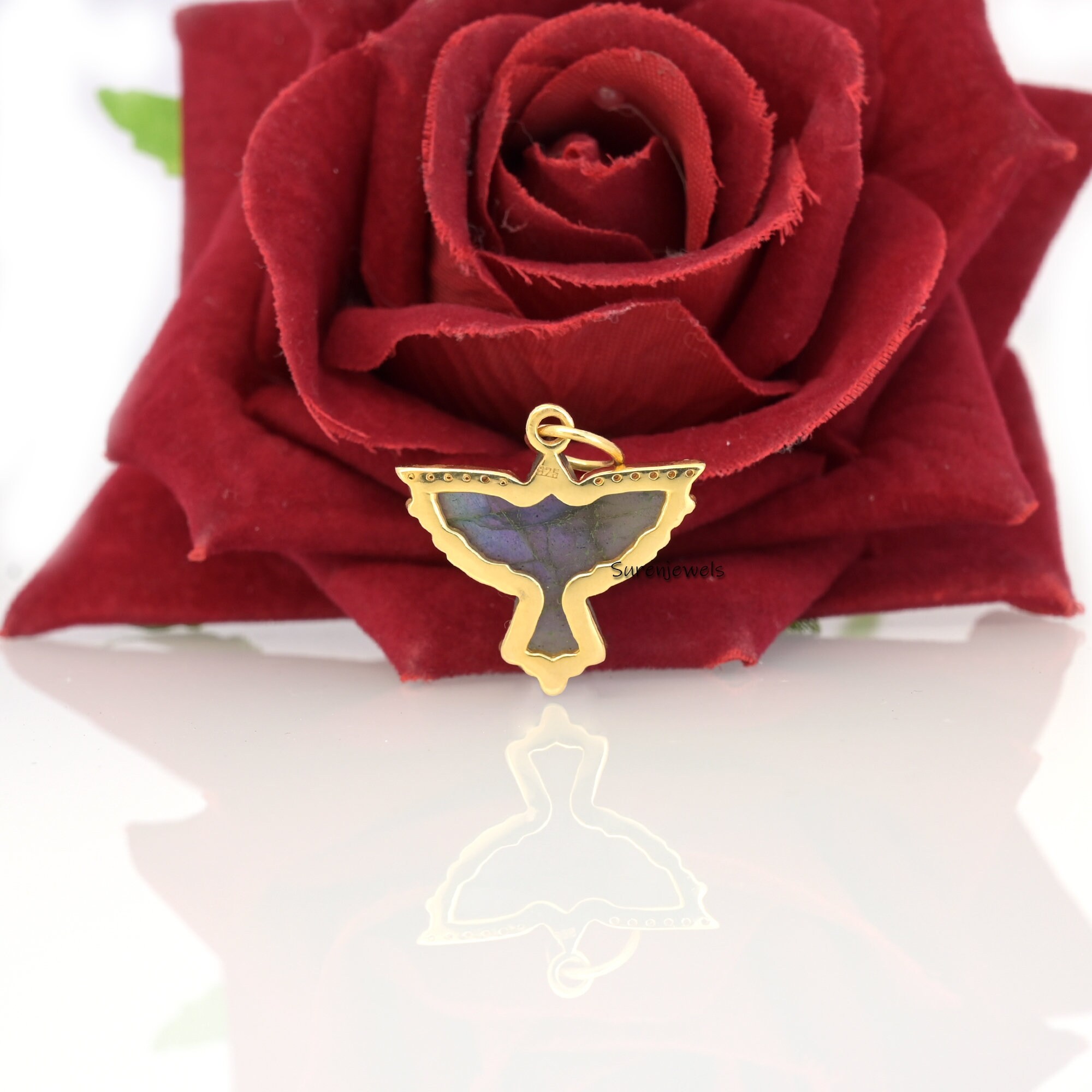 14K Gold Carved Gemstone Bird Pendant: Flying Swallow Charm - View 5 - Suren Jewels | SKU: SJP1711