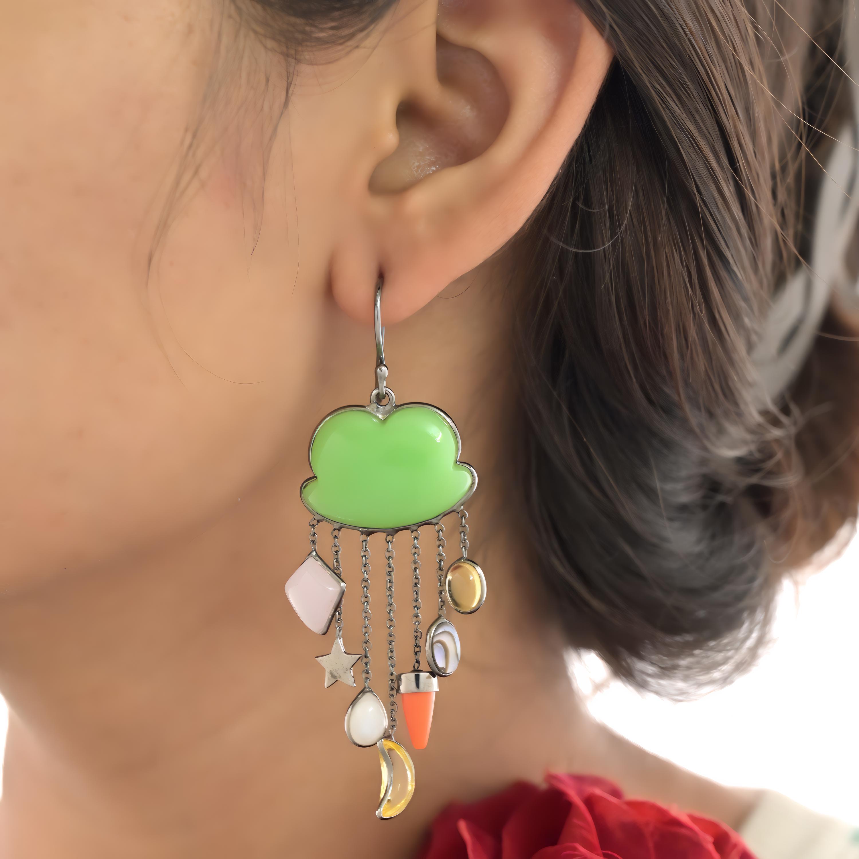 14K Gold Gemstone Cloud Dangle Earrings, Rainy Cloud Design - View 5 - Suren Jewels | SKU: SJE1037-SLYGMSMTCS