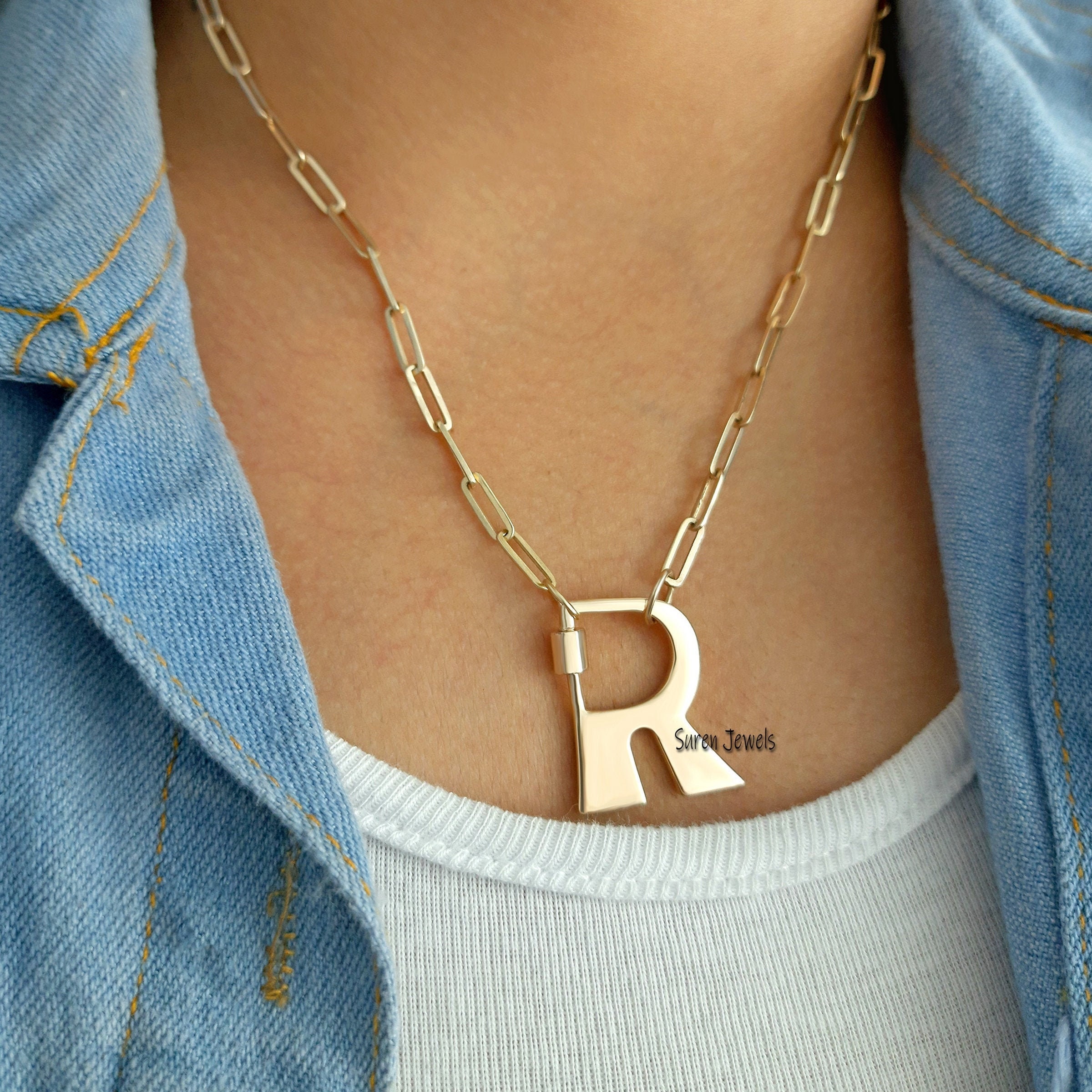 925 Silver Initial Carabiner Lock Necklace: Custom Letter A-Z - View 4 - Suren Jewels | SKU: SJC88-SLYG-R-N47-18I-925