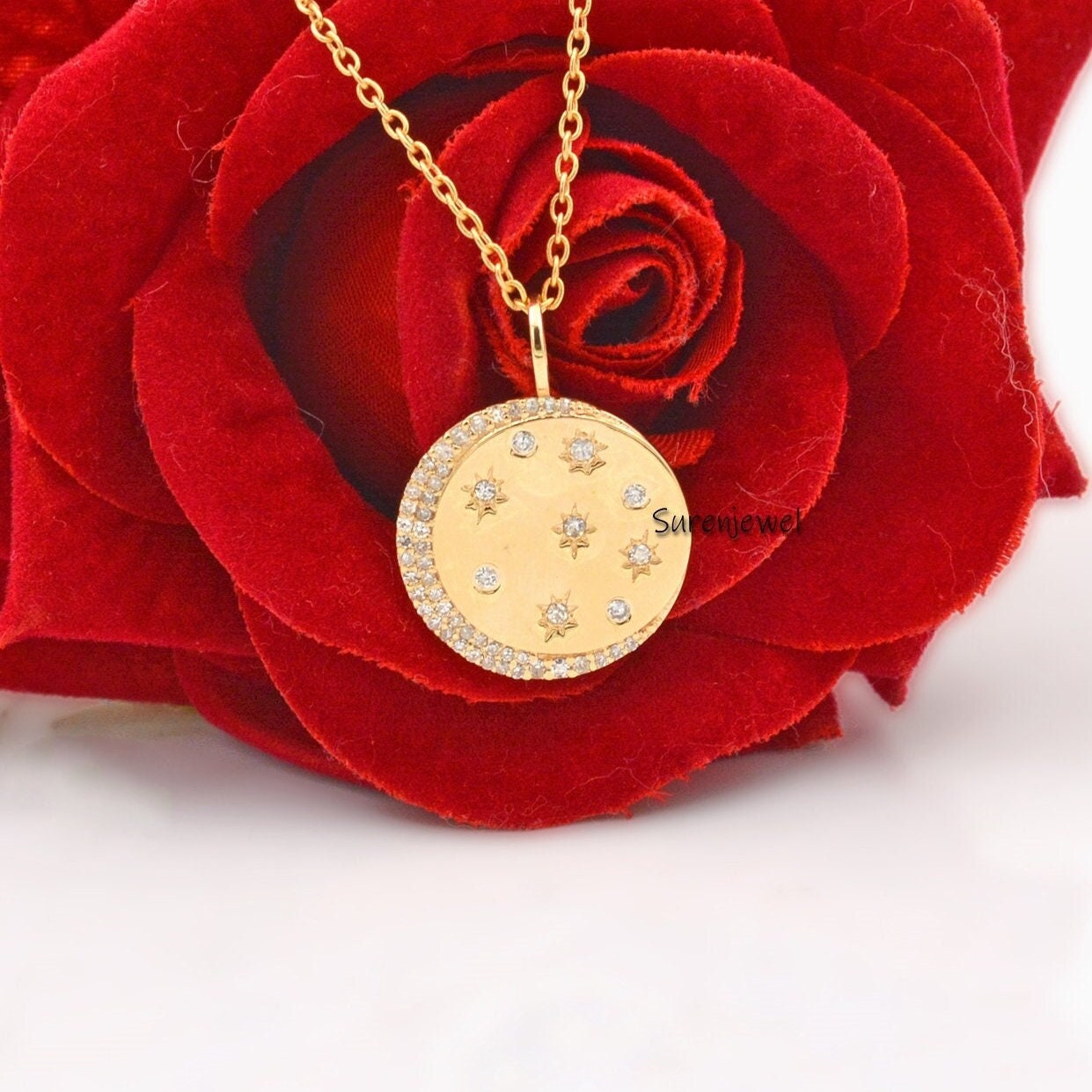 14k Gold Vermeil Diamond Star Moon Disc Pendant - Suren Jewels | SKU: SJP696-