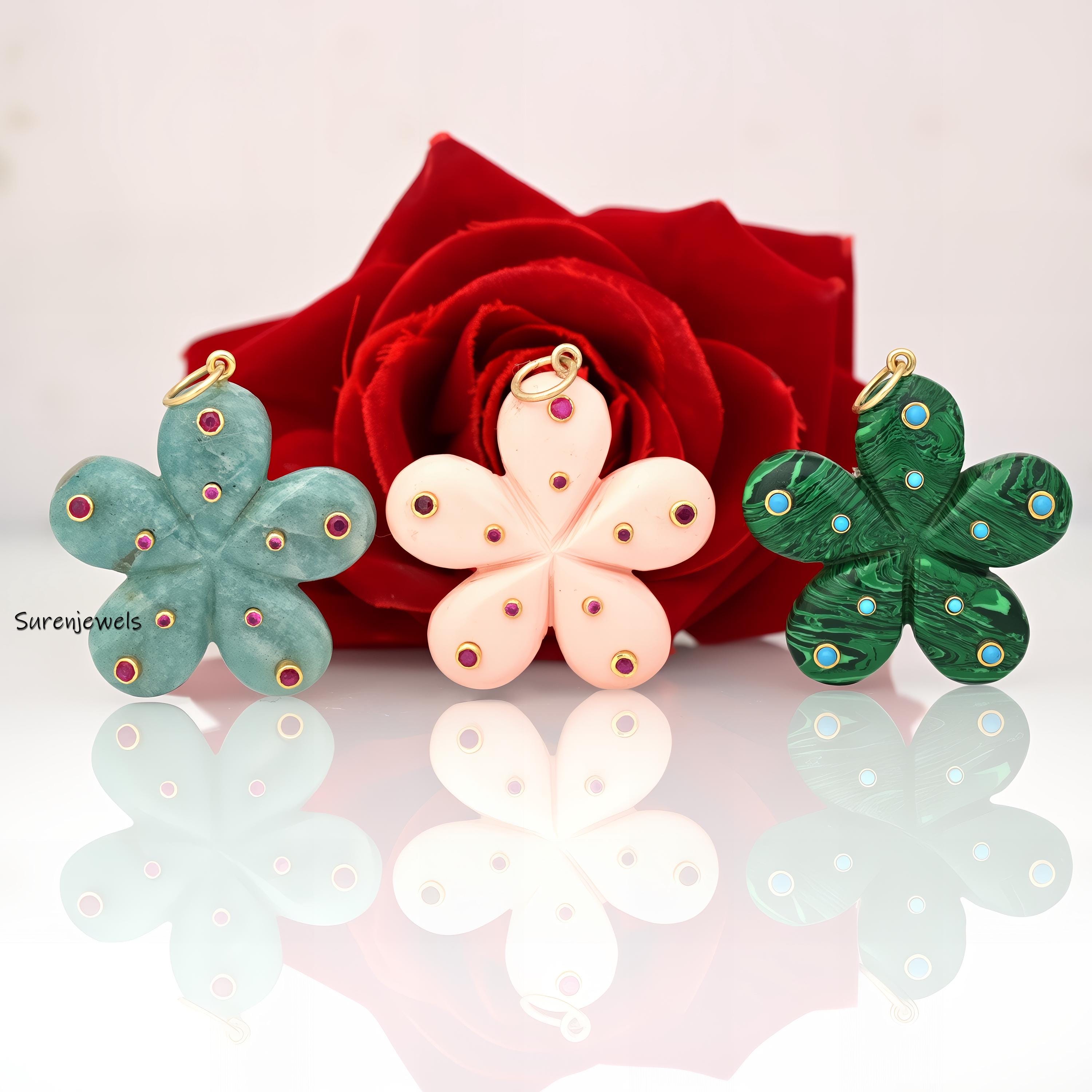 14K Solid Gold Gemstone Flower Pendant - Handmade Vintage Style - View 2 - Suren Jewels | SKU: SJP2453-SLYGGOPCZR