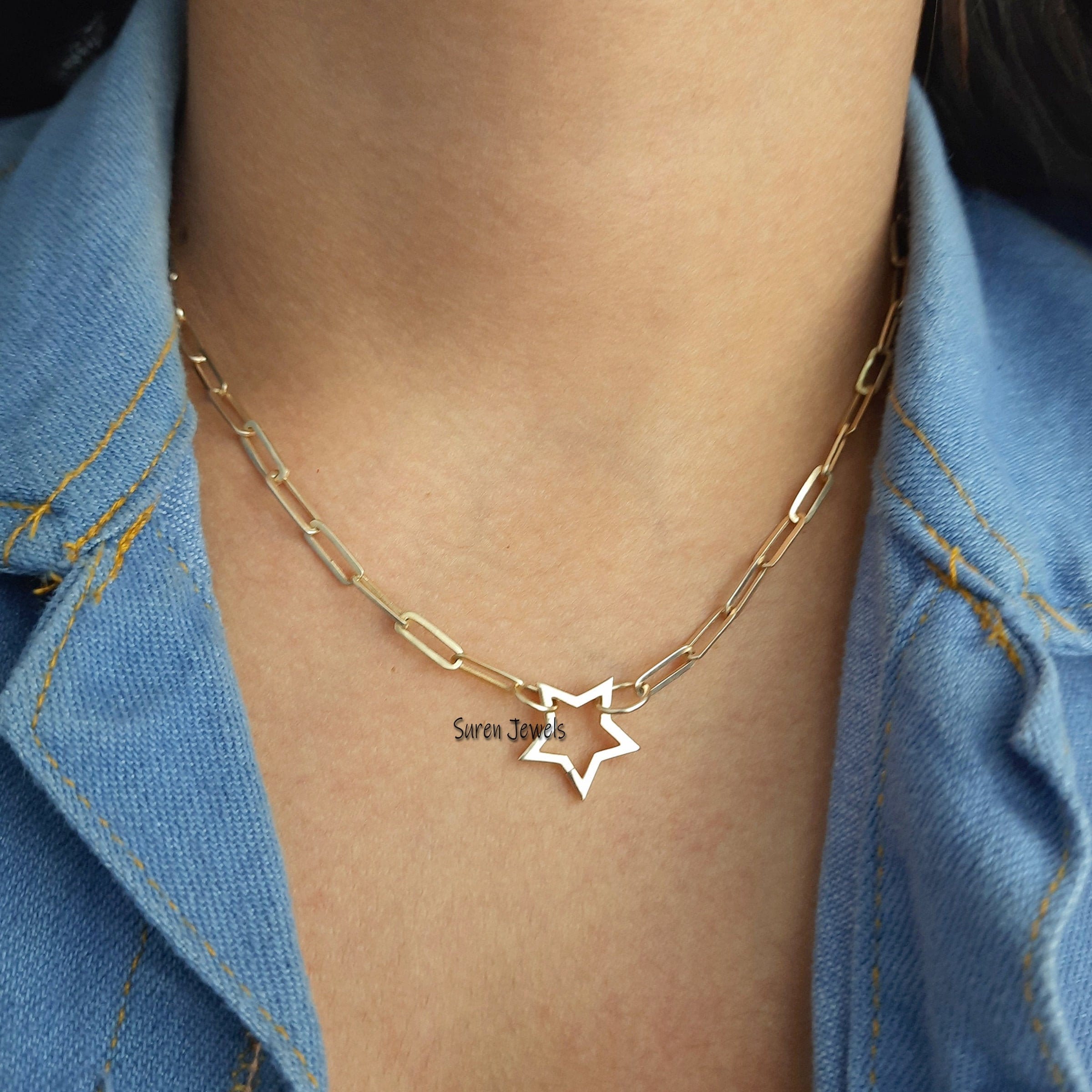 14K Gold Star Charm Enhancer: Push Clasp Necklace Link - View 2 - Suren Jewels | SKU: SJP451-14KYG-N47-18I