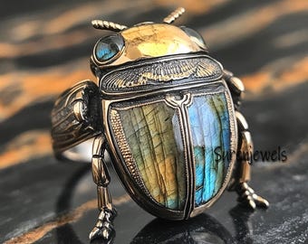 New Designer Gemstone Scarab Ring, Gold Gemstone Scarab Beetle Ring, Carved CZ Scarab Ring, Scarab Beetle Lucky Ring, Egypt-Inspired Jewelry