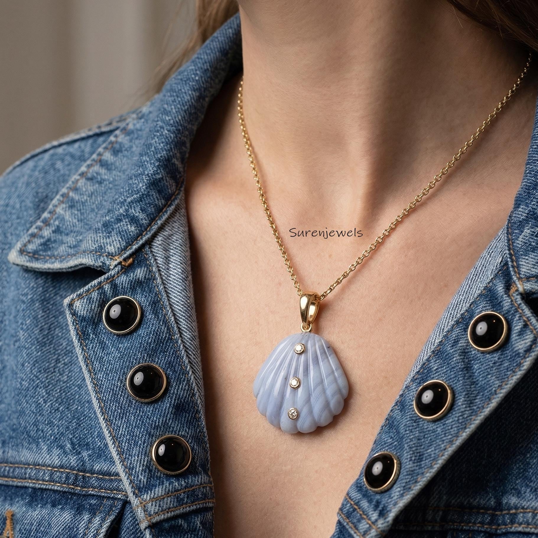14k Gold Gemstone Scallop Shell Pendant, Hand Carved Jewelry - View 2 - Suren Jewels | SKU: SJP