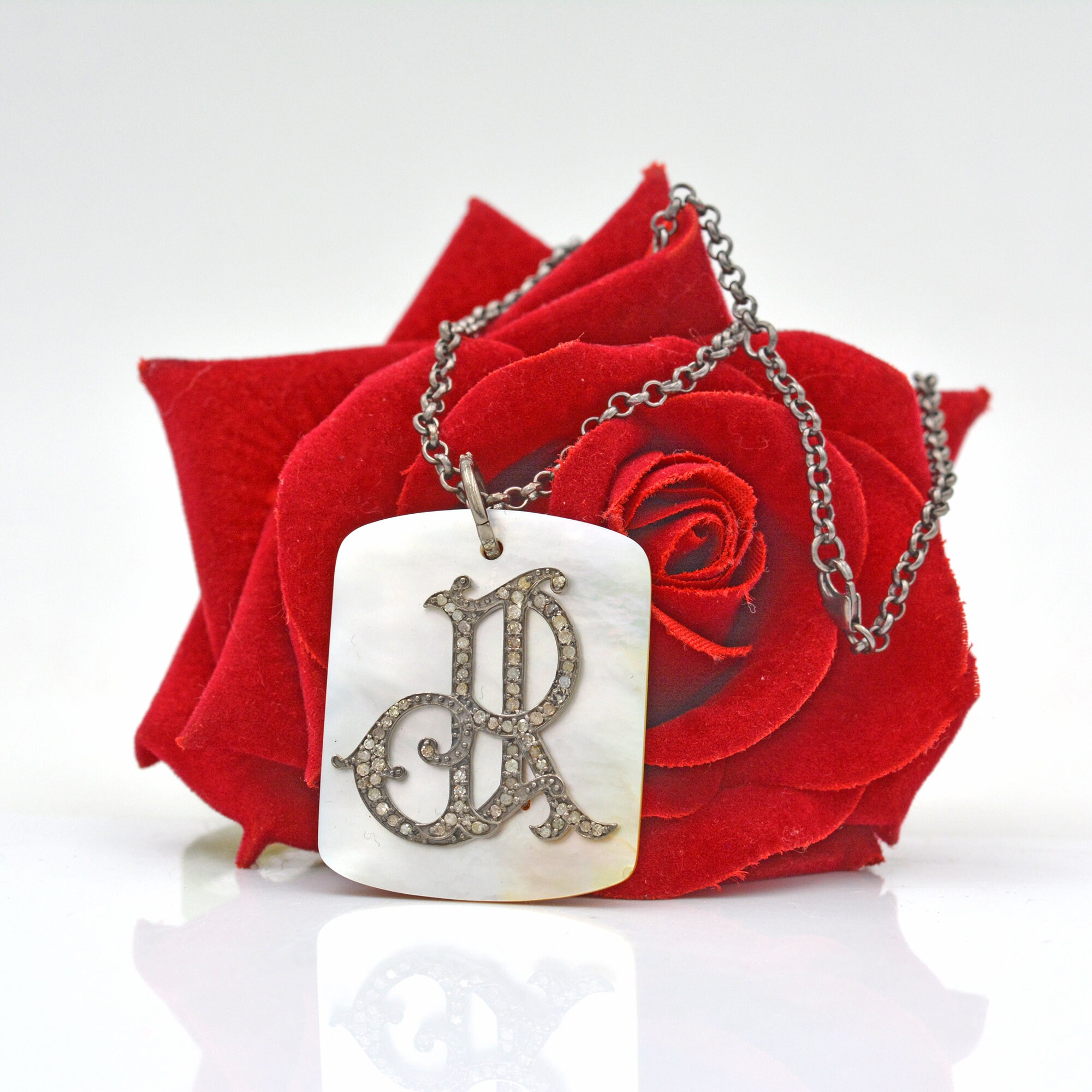 925 Silver Diamond Monogram Pendant: Pearl Gemstone Dog Tag - View 5 - Suren Jewels | SKU: SJP631-SLRHMOPDI-SG