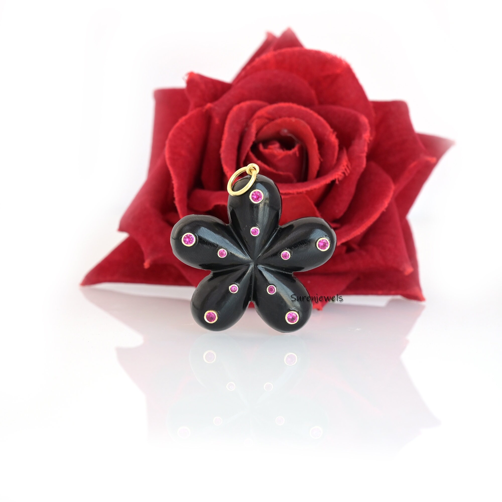 14K Solid Gold Gemstone Flower Pendant - Handmade Vintage Style - View 7 - Suren Jewels | SKU: SJP2453-SLYGGOPCZR