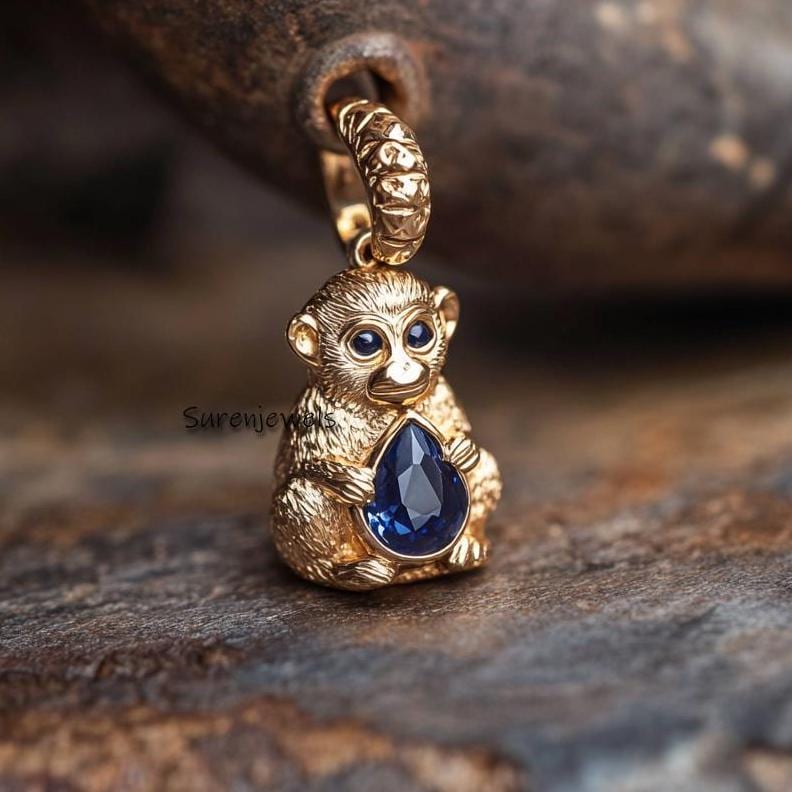 14k Gold Monkey Pendant with Gemstone: Carved Animal Jewelry - Suren Jewels | SKU: SJP4943-SLYGBCZ-20M,SJP4923-SLYGBCZ-25M,SJ