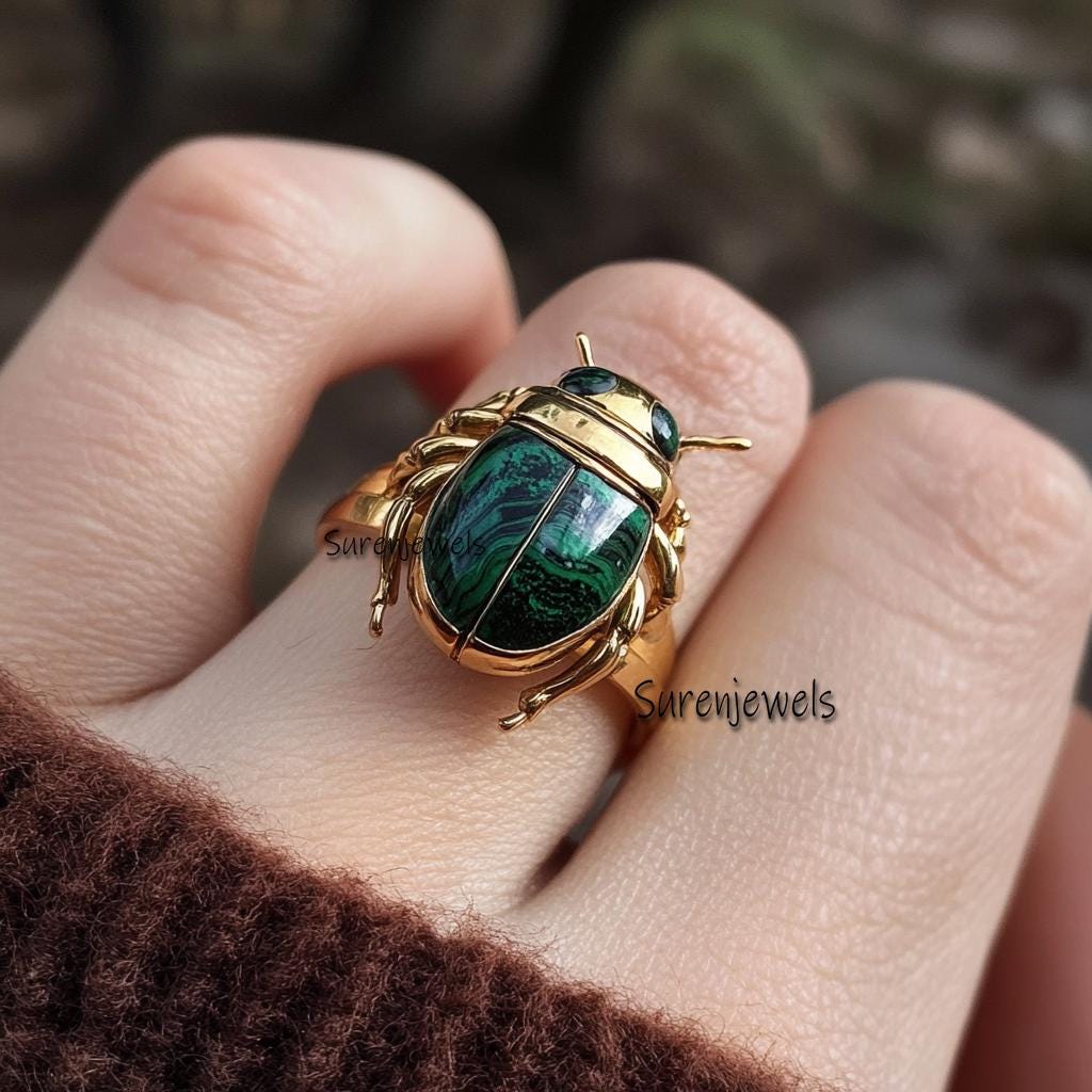 14k Gold Malachite Scarab Ring: Hand Carved Amulet - View 5 - Suren Jewels | SKU: SJR2803-SLYGMKBKCZ-US-7,SJR2809-SLNSLBBKCZ-